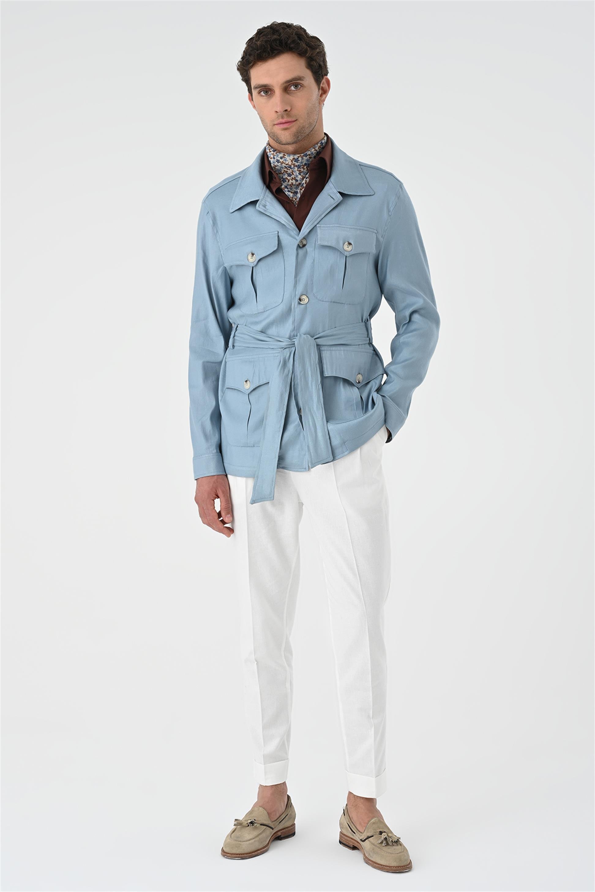 Antioch Men Mavi Beli Kuşaklı Erkek Mevsimlik Keten Mont