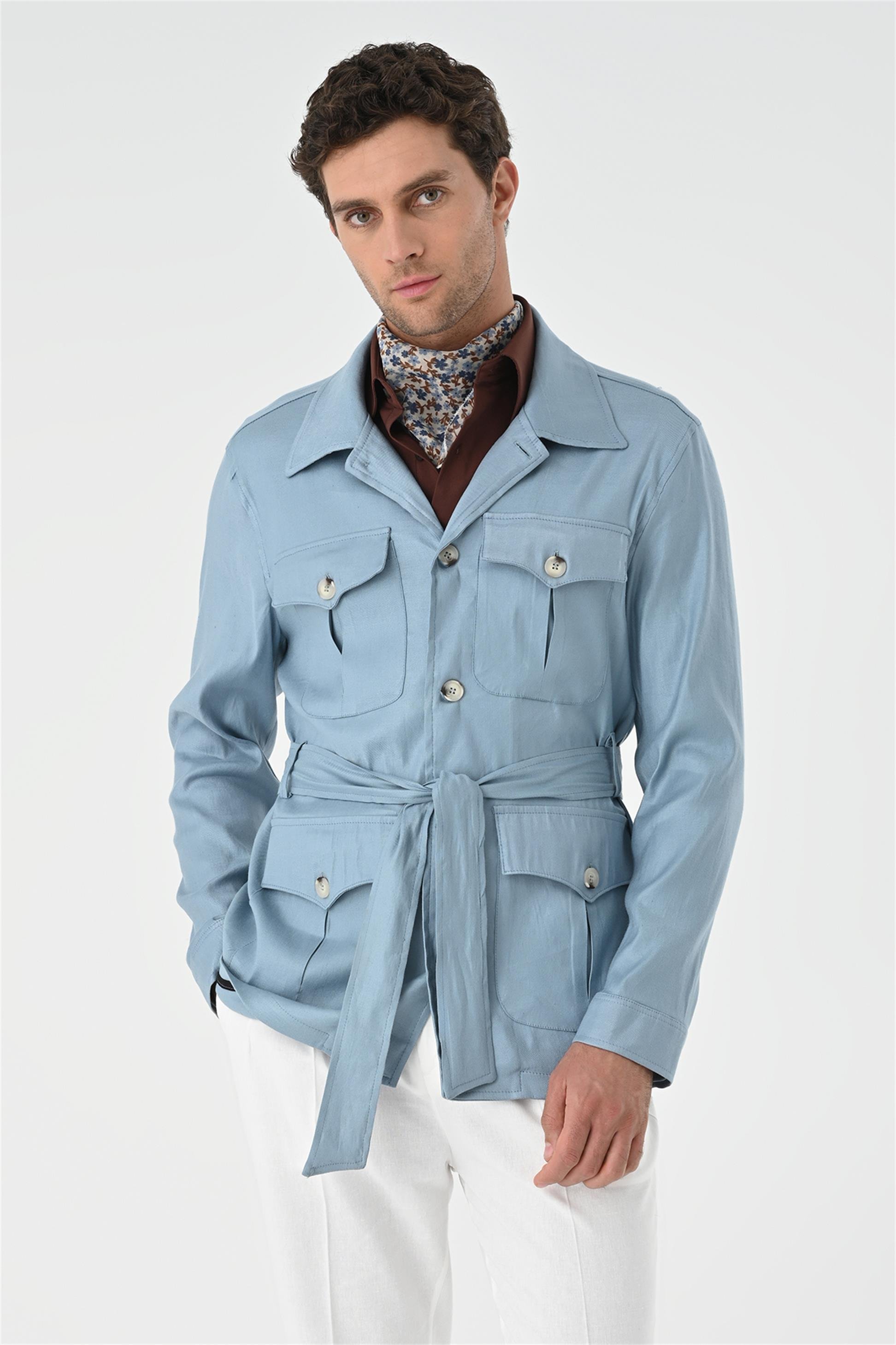 Antioch Men Mavi Beli Kuşaklı Erkek Mevsimlik Keten Mont