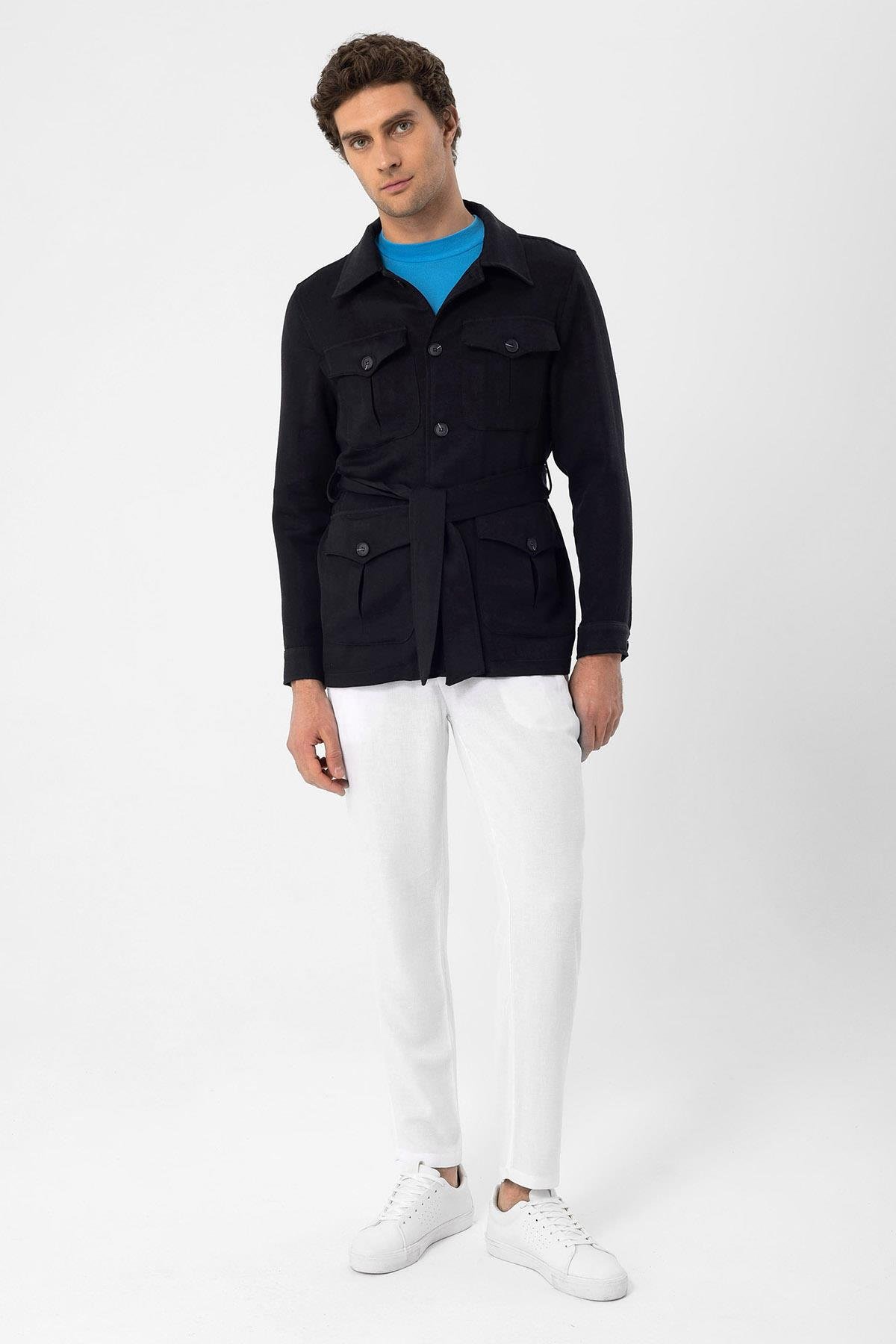 Antioch Siyah Beli Kuşaklı Erkek Mevsimlik Keten Mont