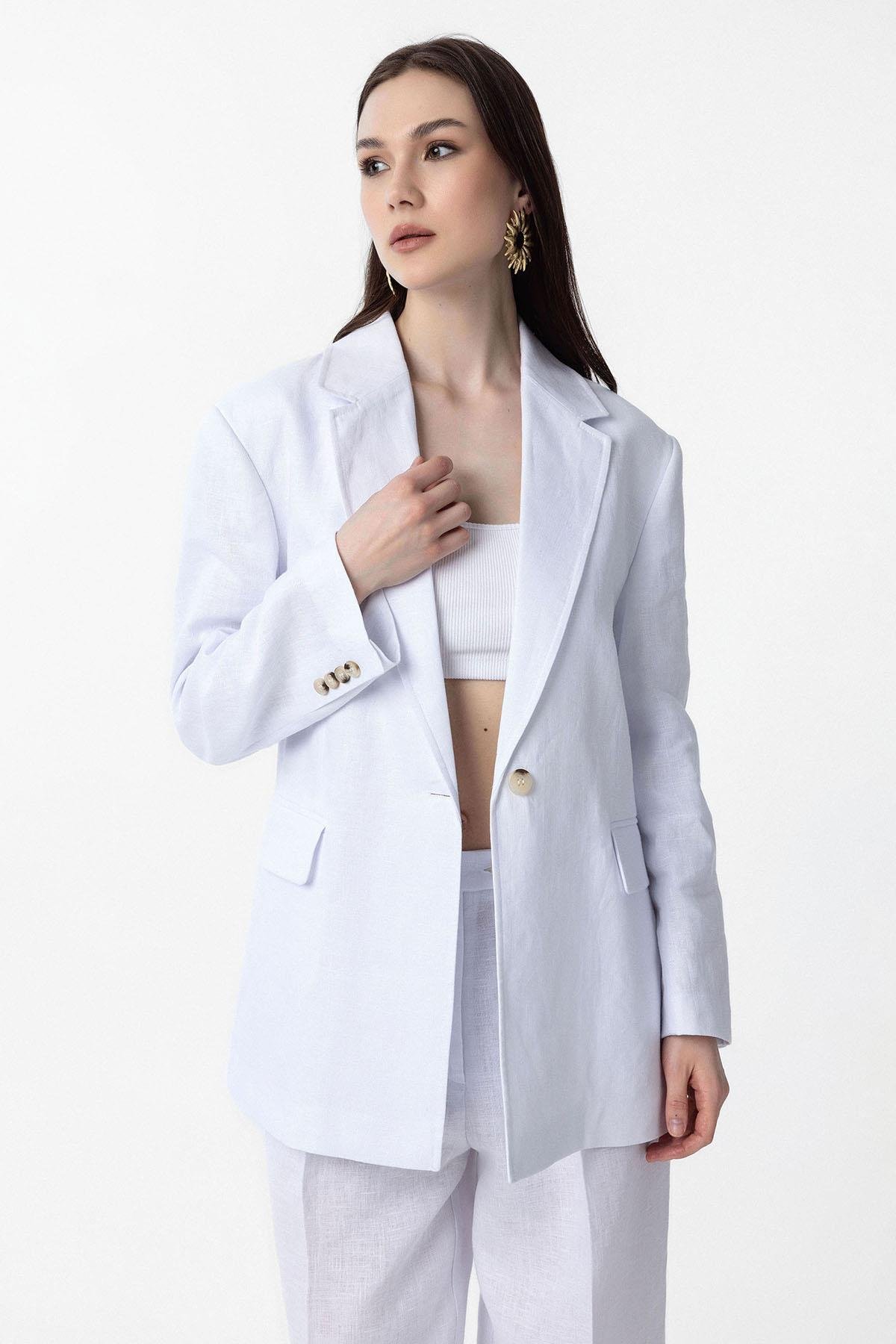 Antioch Beyaz 100% Keten Kadın Blazer Ceket