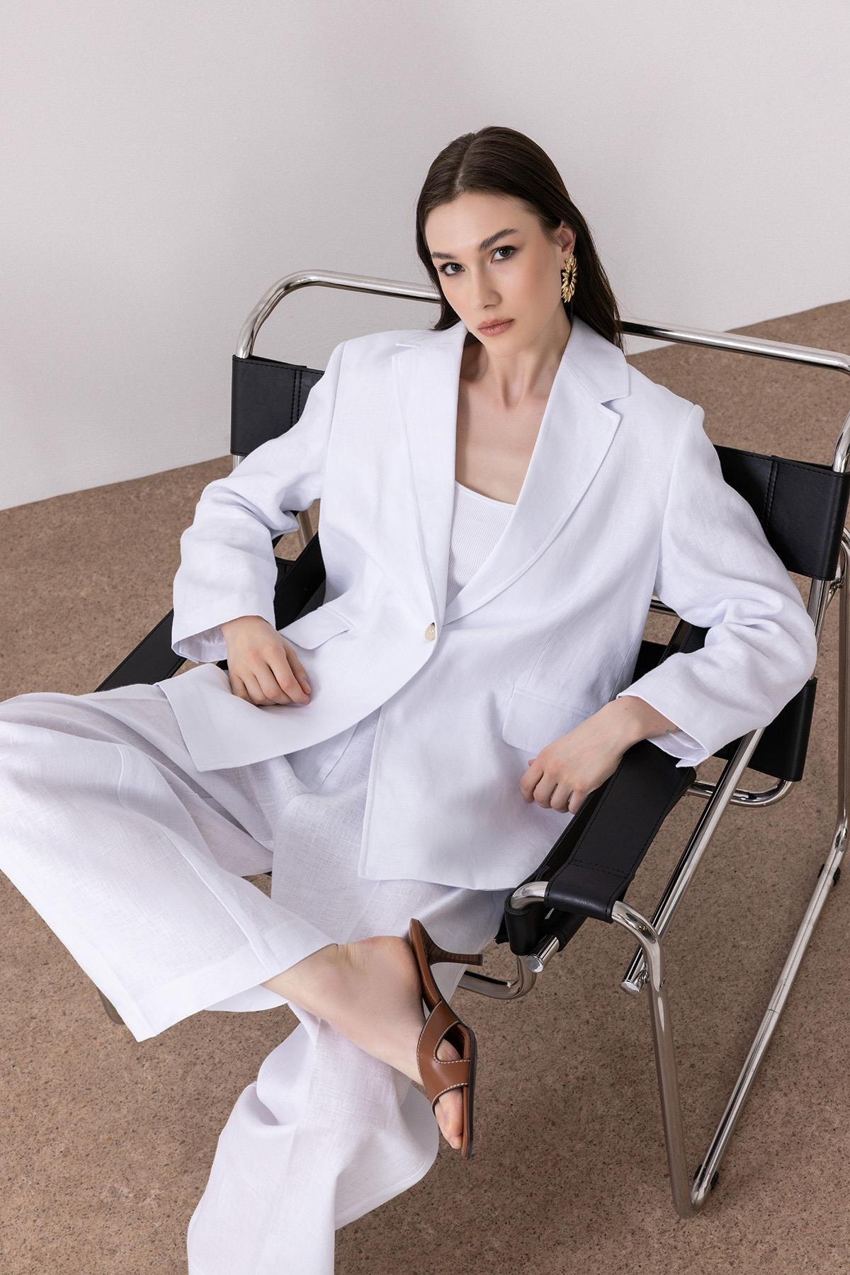 Antioch Beyaz 100% Keten Kadın Blazer Ceket