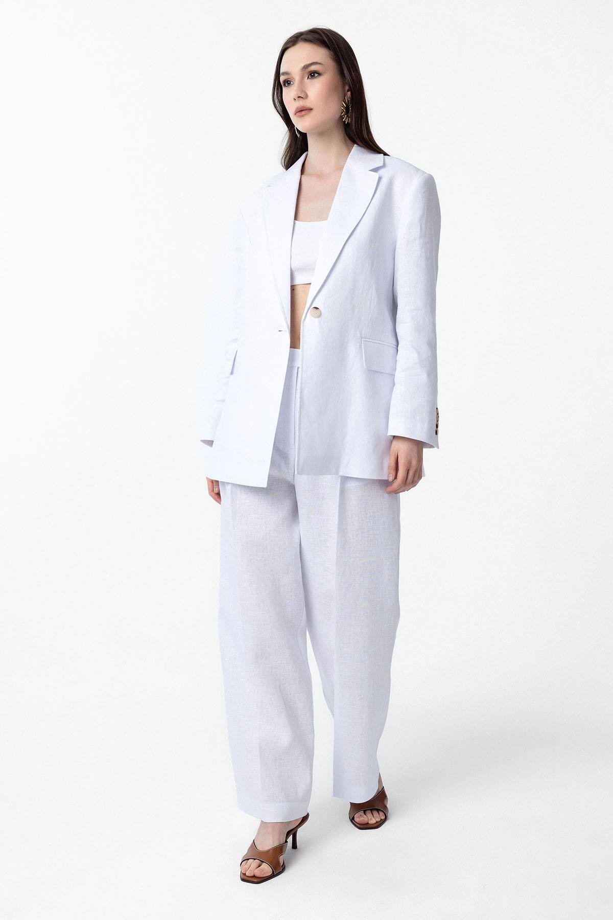 Antioch Beyaz 100% Keten Yüksek Bel Pilili Kadın Pantolon