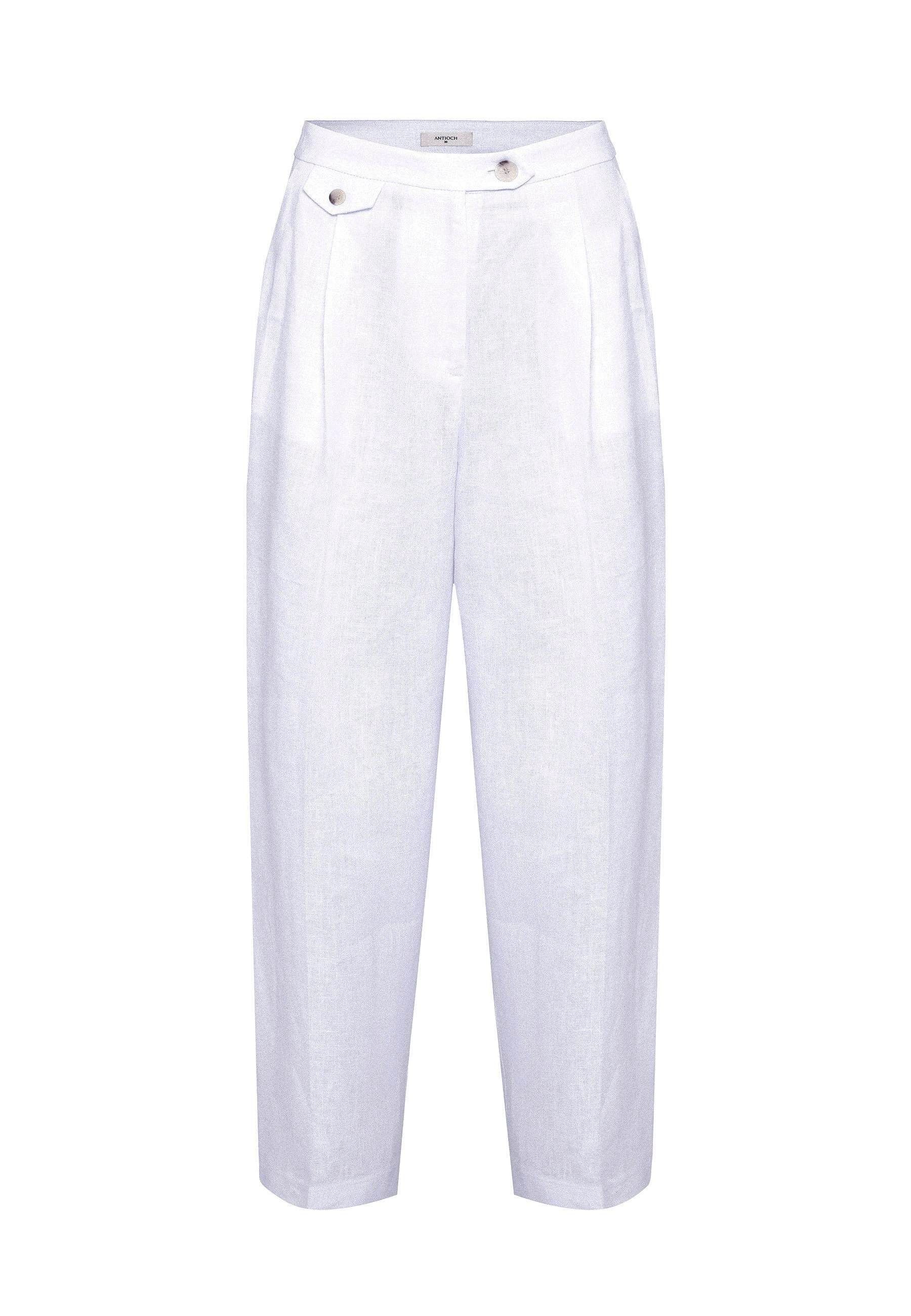 Antioch Beyaz 100% Keten Yüksek Bel Pilili Kadın Pantolon