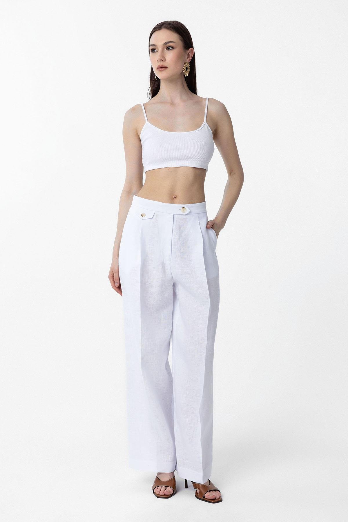 Antioch Beyaz 100% Keten Yüksek Bel Pilili Kadın Pantolon