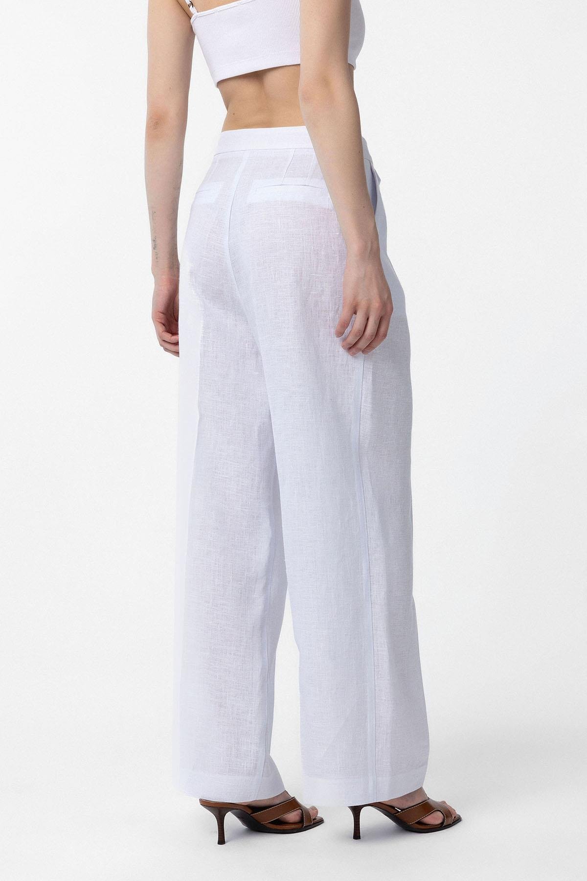 Antioch Beyaz 100% Keten Yüksek Bel Pilili Kadın Pantolon