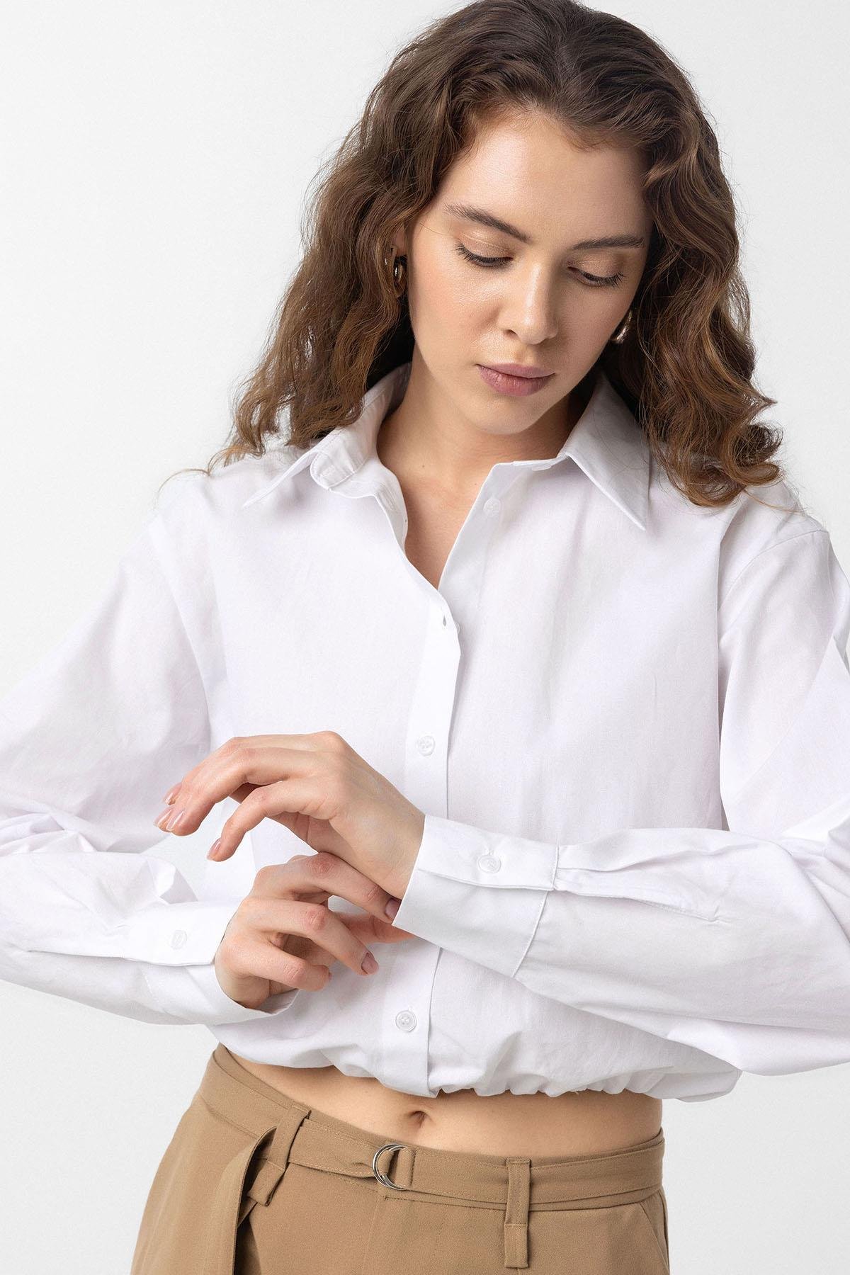Antioch Beyaz Crop Poplin Kadın Gömlek