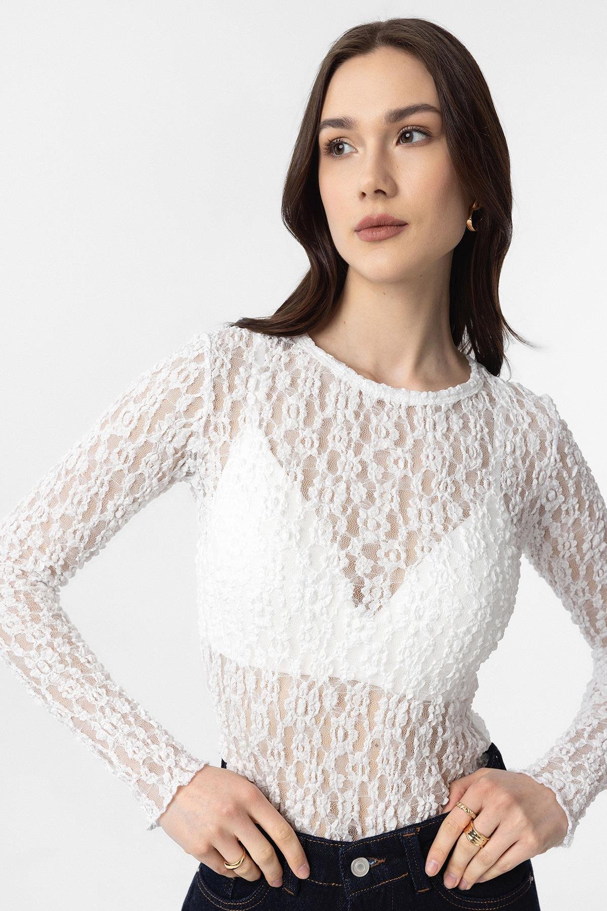 Antioch Beyaz Dantel Transparan Kadın Top
