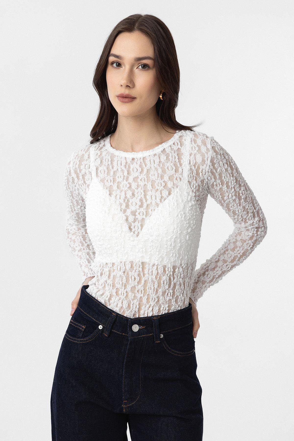 Antioch Beyaz Dantel Transparan Kadın Top