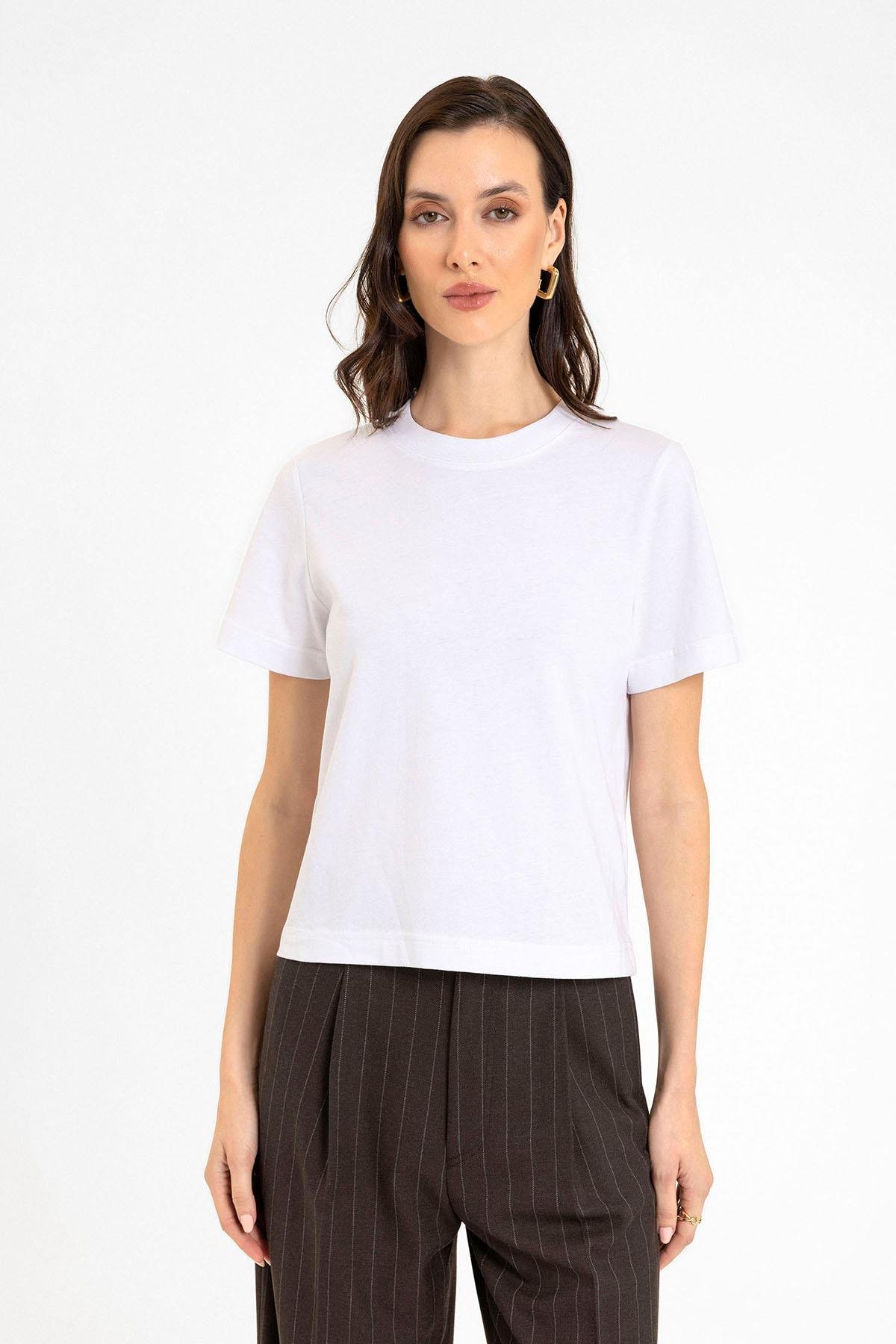 Antioch Beyaz Kadın Bisiklet Yaka Basic T-Shirt