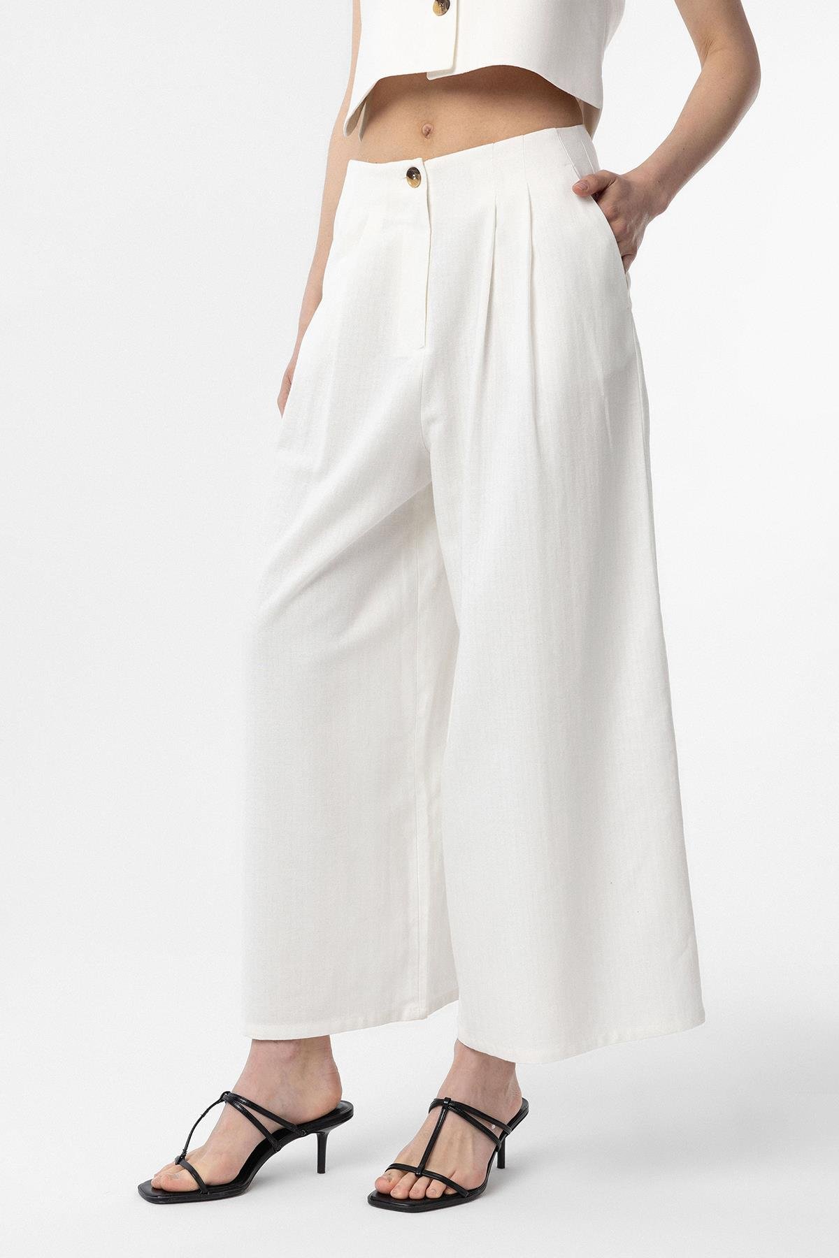 Antioch Beyaz Keten Karışımlı Kadın Culotte Pantolon
