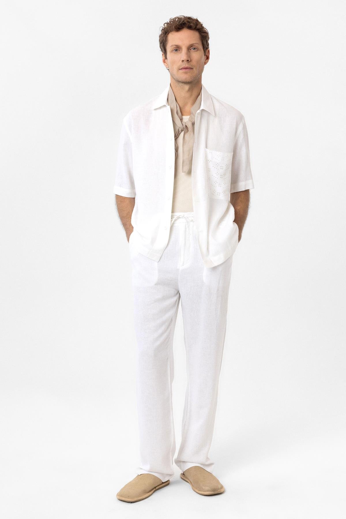 Antioch Beyaz Keten Karışımlı Kısa Kollu Erkek Gömlek