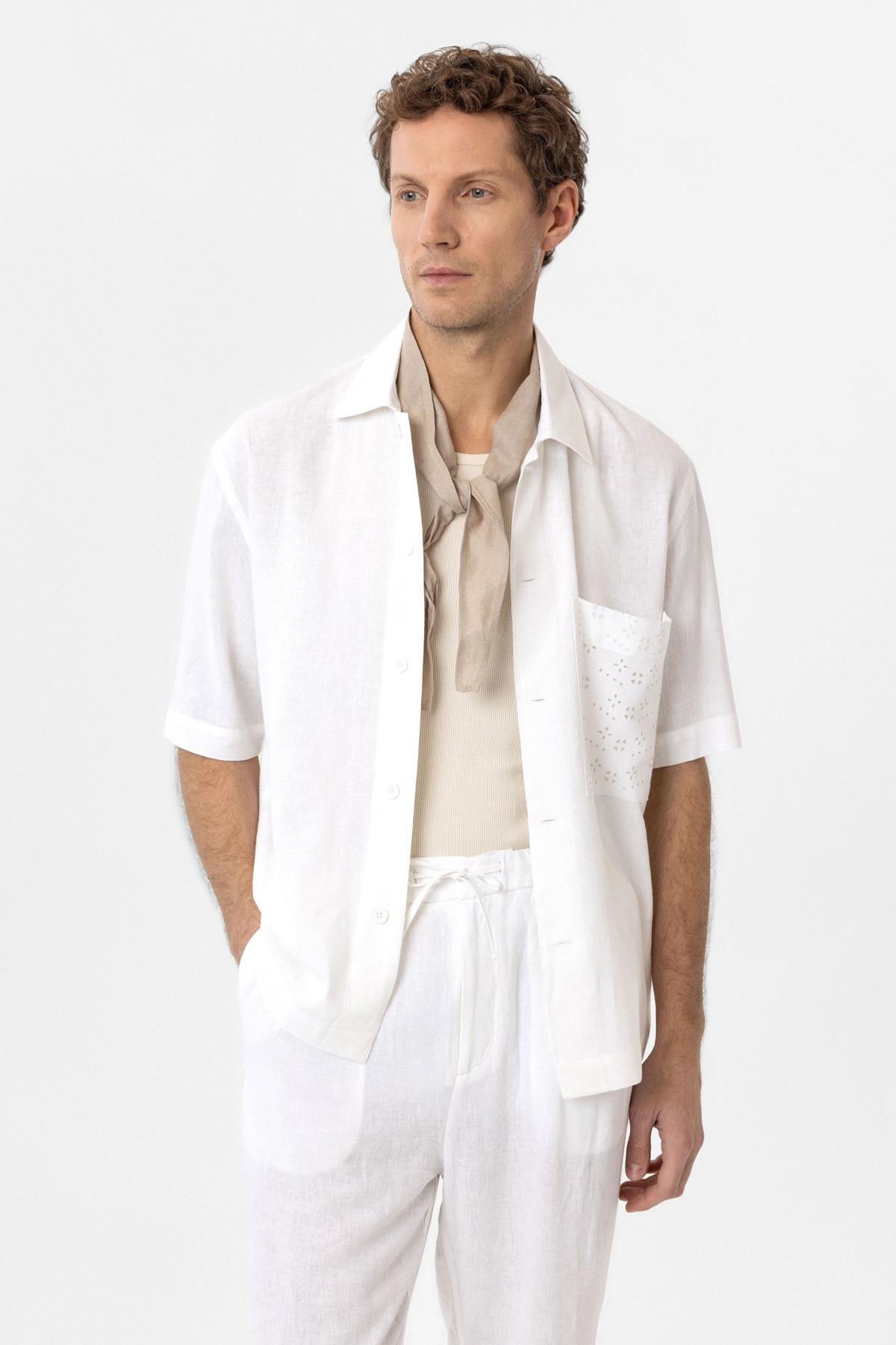 Antioch Beyaz Keten Karışımlı Kısa Kollu Erkek Gömlek