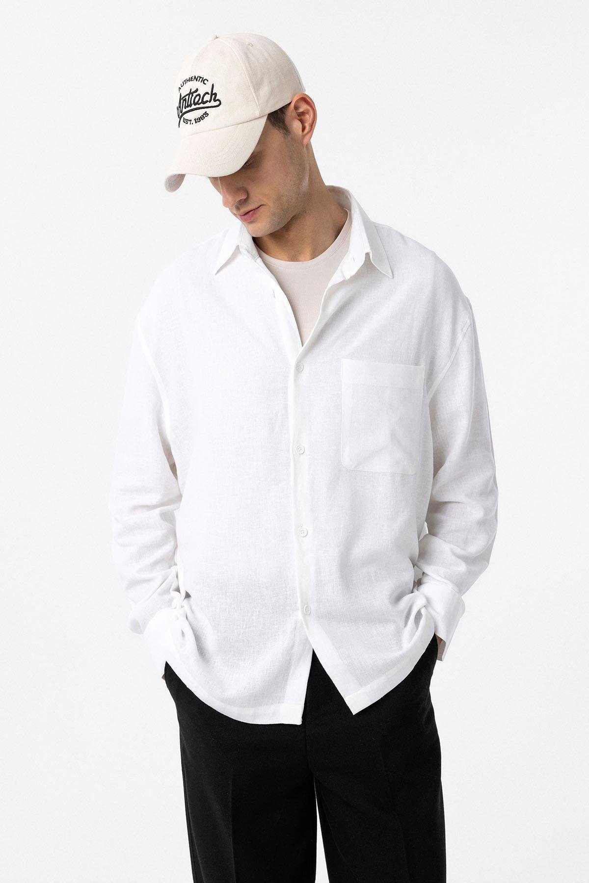 Antioch Beyaz Keten Karışımlı Relax Fit Erkek Gömlek