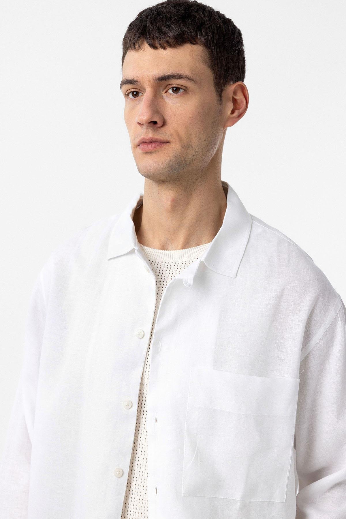 Antioch Beyaz Keten Karışımlı Relax Fit Erkek Gömlek