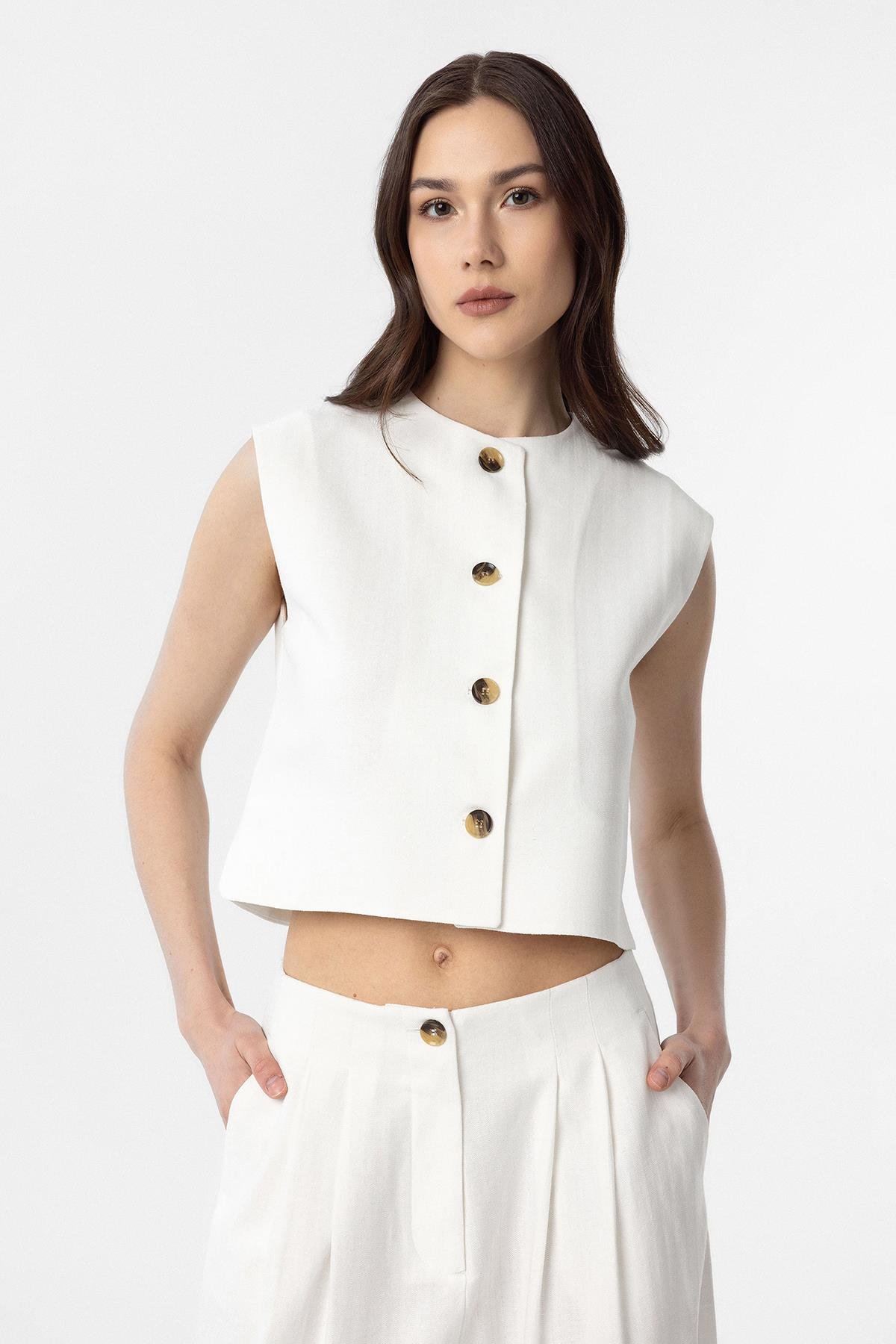 Antioch Beyaz Keten Karışımlı Relax Fit Kadın Yelek