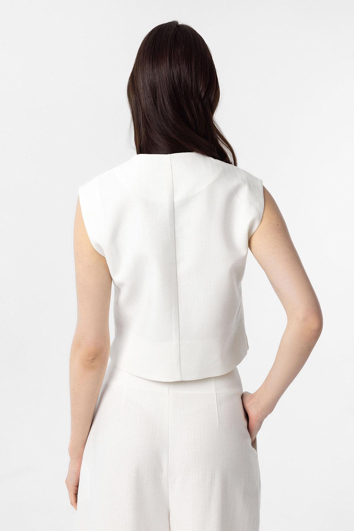 Antioch Beyaz Keten Karışımlı Relax Fit Kadın Yelek