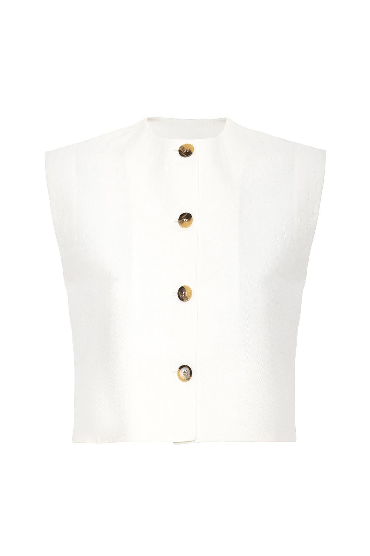 Antioch Beyaz Keten Karışımlı Relax Fit Kadın Yelek