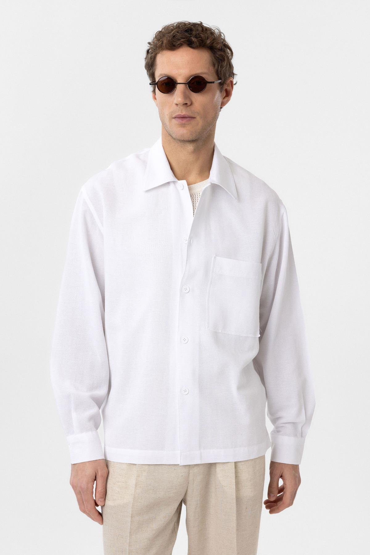 Antioch Beyaz Keten Karışımlı Relaxed Erkek Gömlek