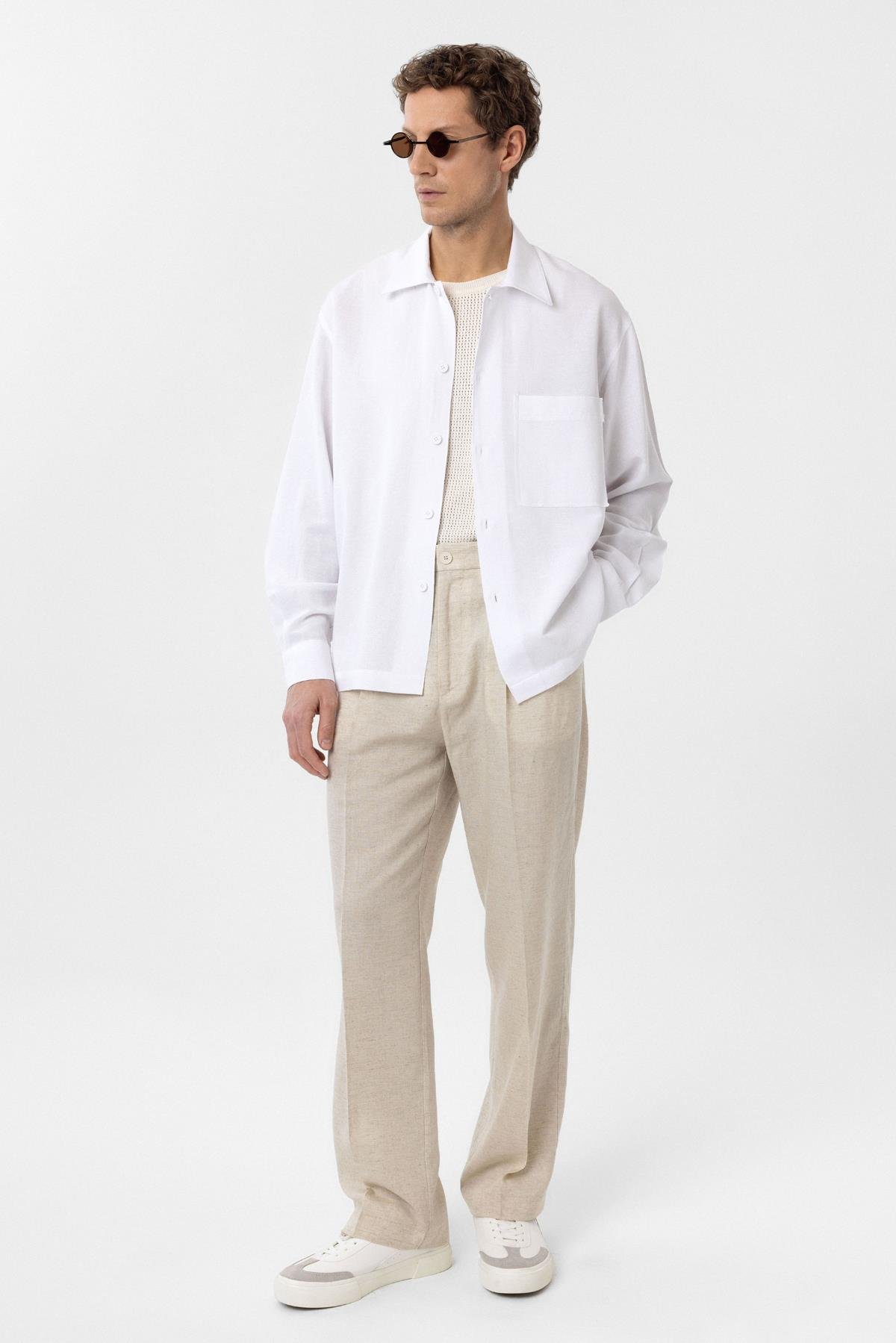 Antioch Beyaz Keten Karışımlı Relaxed Erkek Gömlek