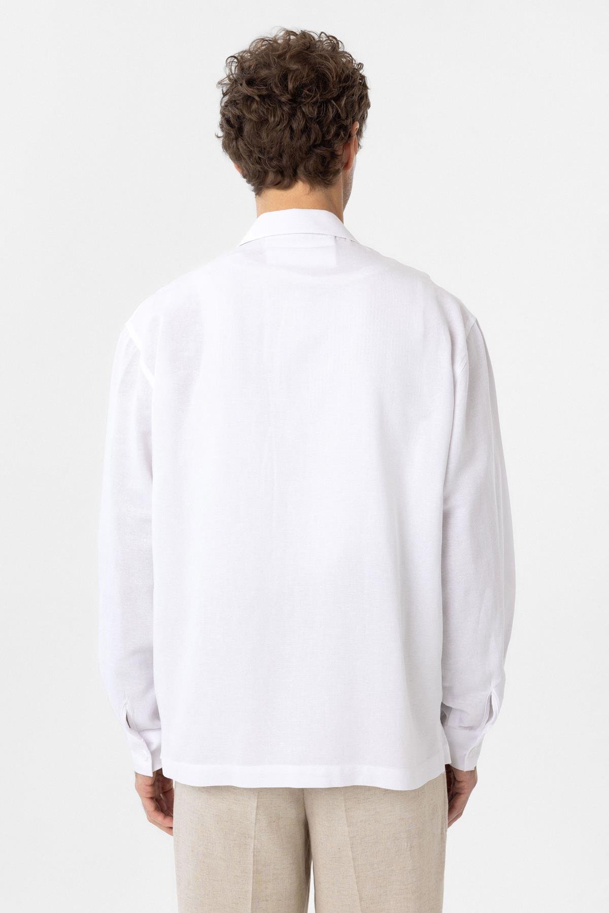 Antioch Beyaz Keten Karışımlı Relaxed Erkek Gömlek