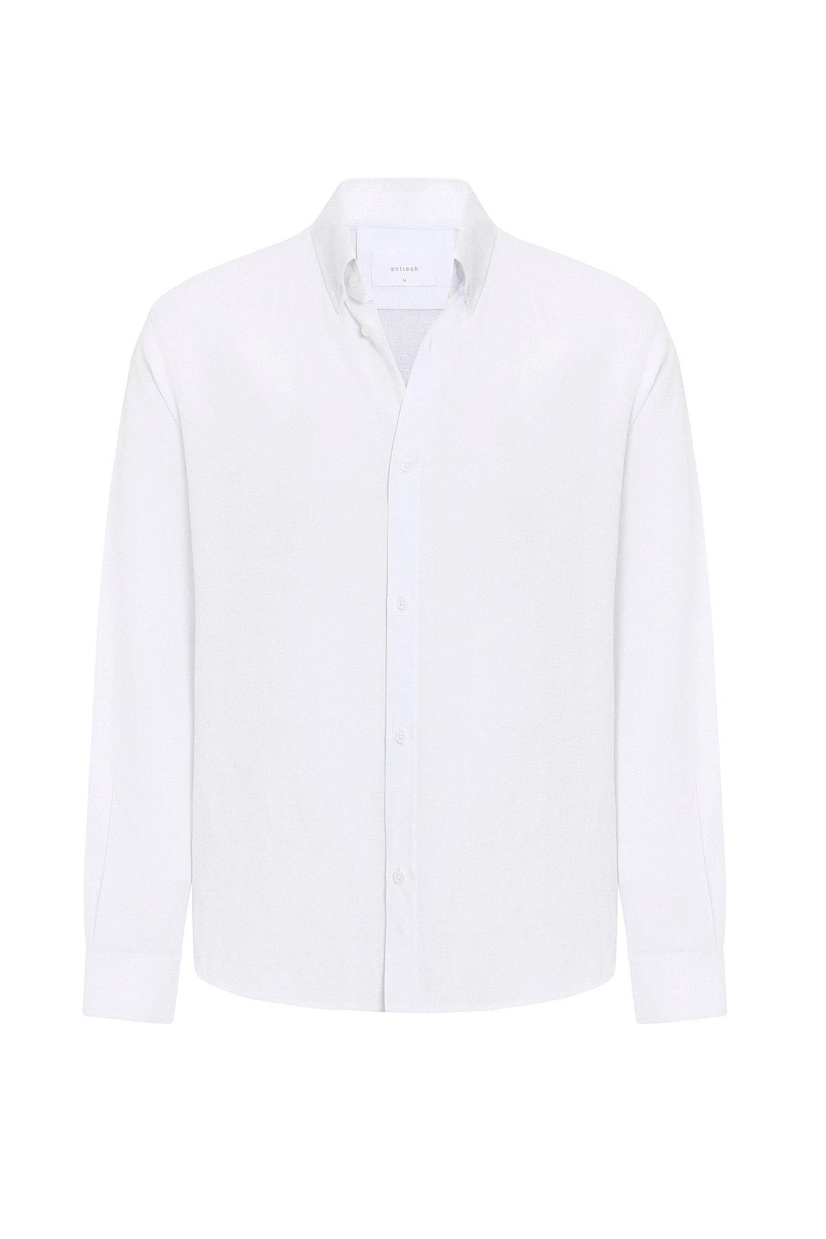 Antioch Beyaz Keten Karışımlı Yaka Düğmeli Erkek Gömlek