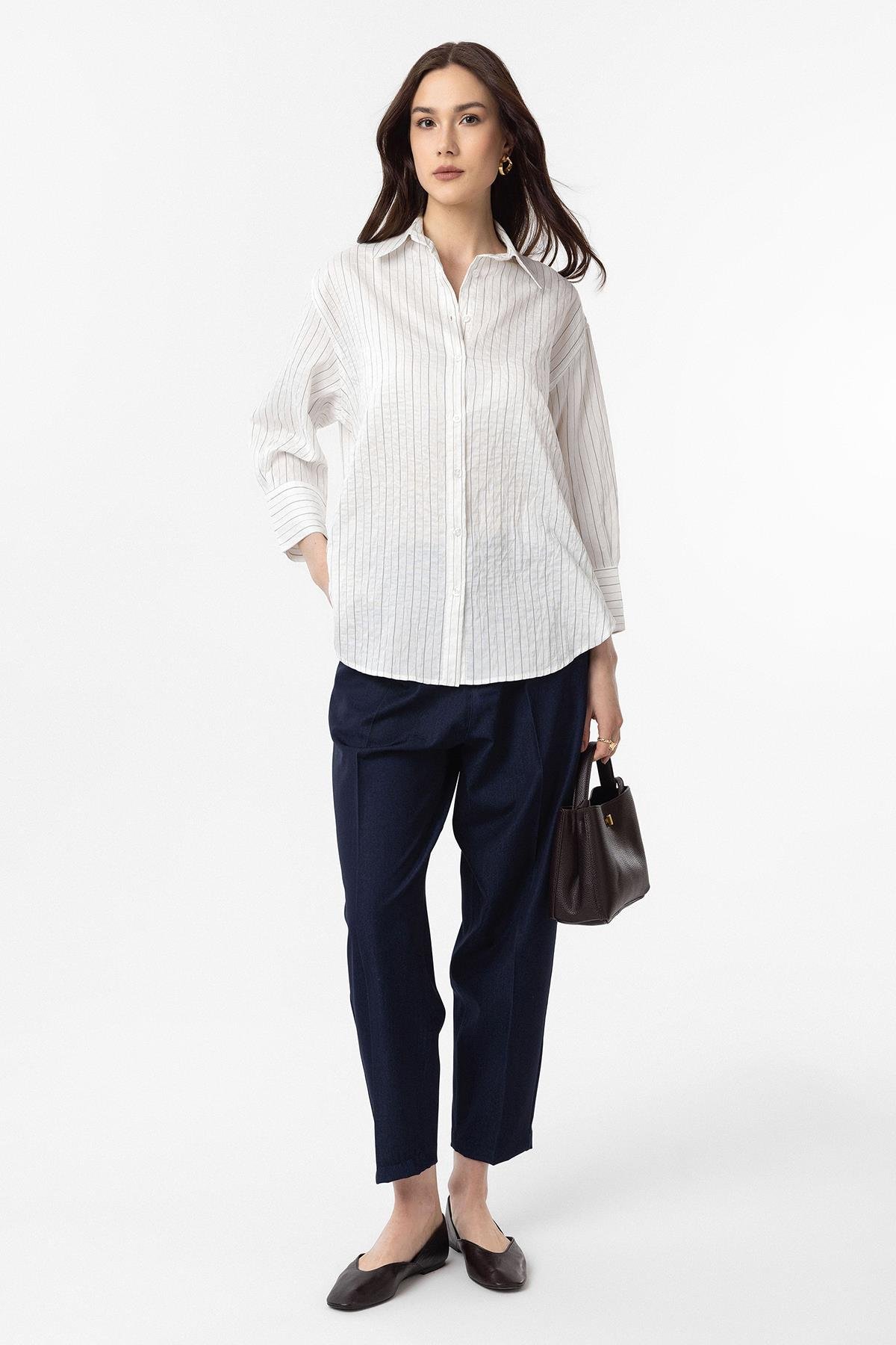 Antioch Beyaz Modal Kumaş Çizgili Kadın Gömlek