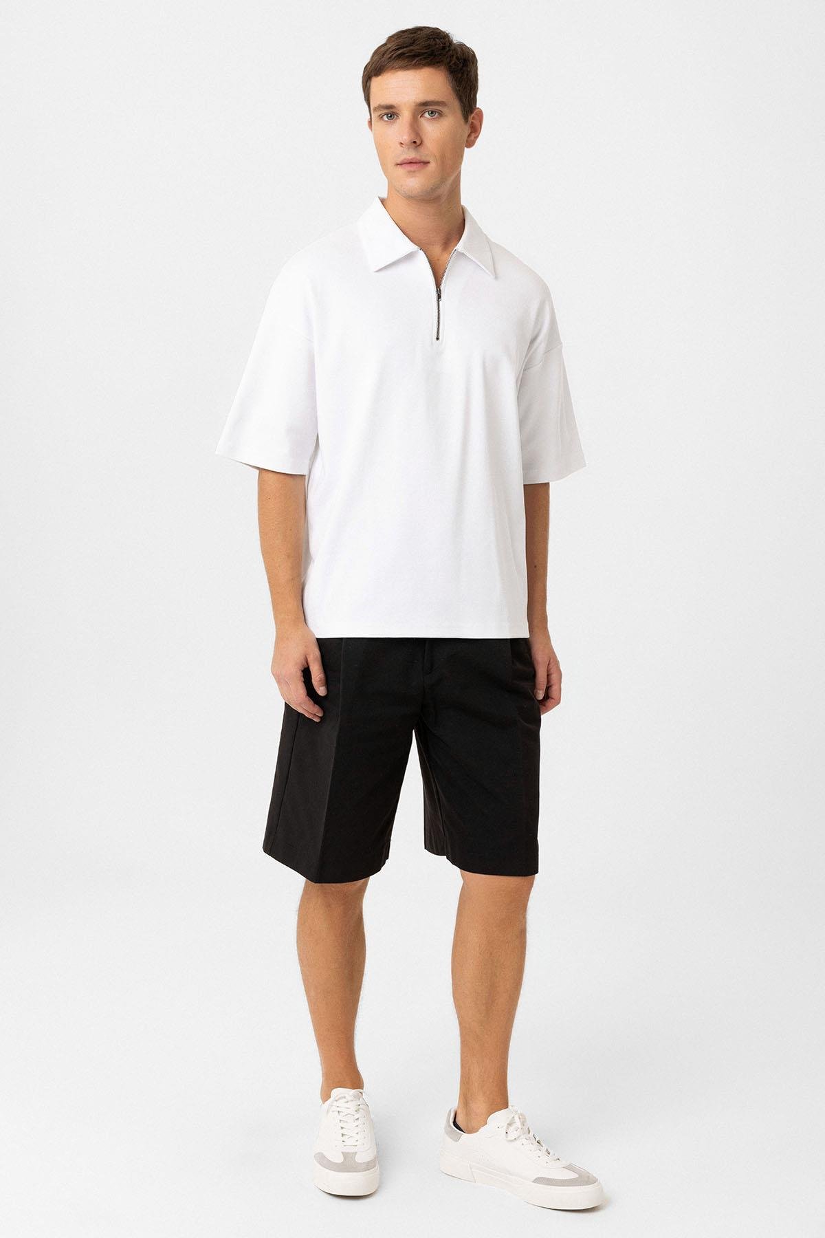 Antioch Beyaz Oversize Polo Yaka Fermuarlı Erkek T-Shirt
