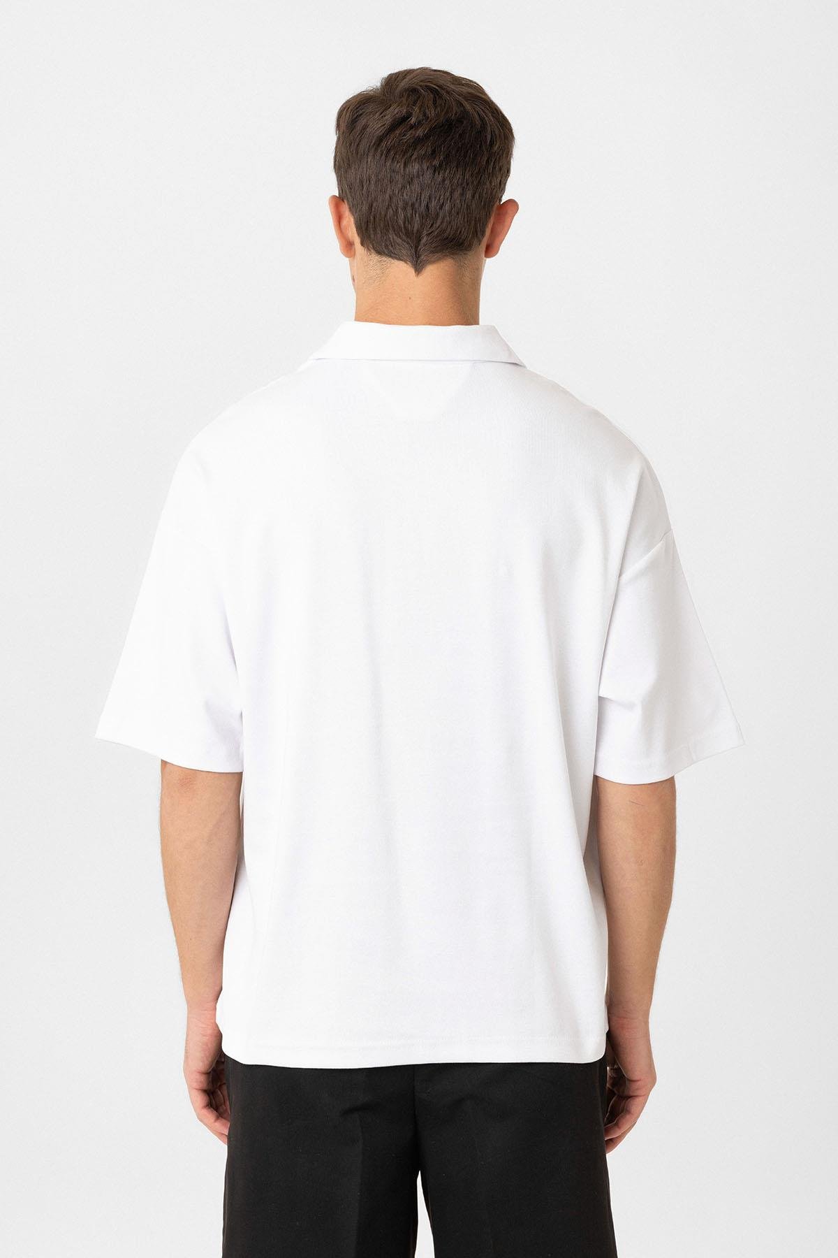 Antioch Beyaz Oversize Polo Yaka Fermuarlı Erkek T-Shirt
