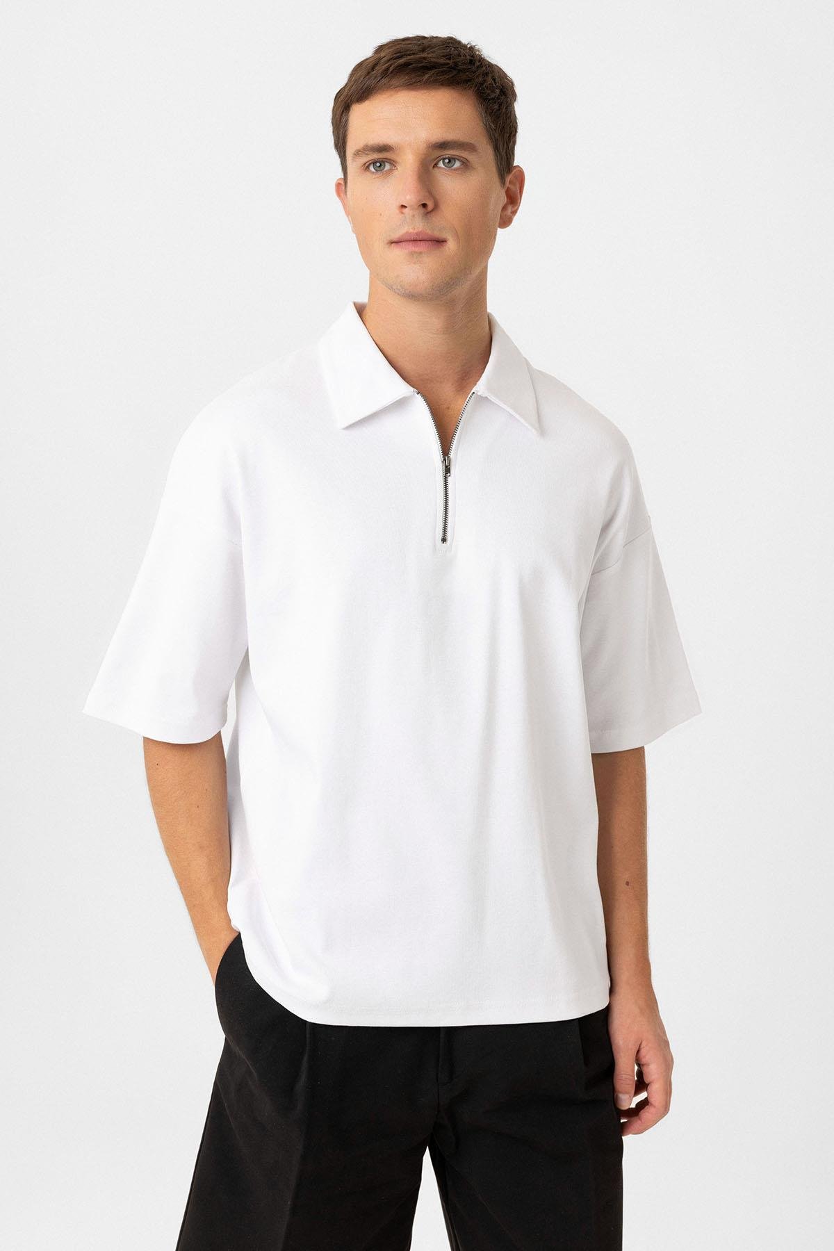 Antioch Beyaz Oversize Polo Yaka Fermuarlı Erkek T-Shirt
