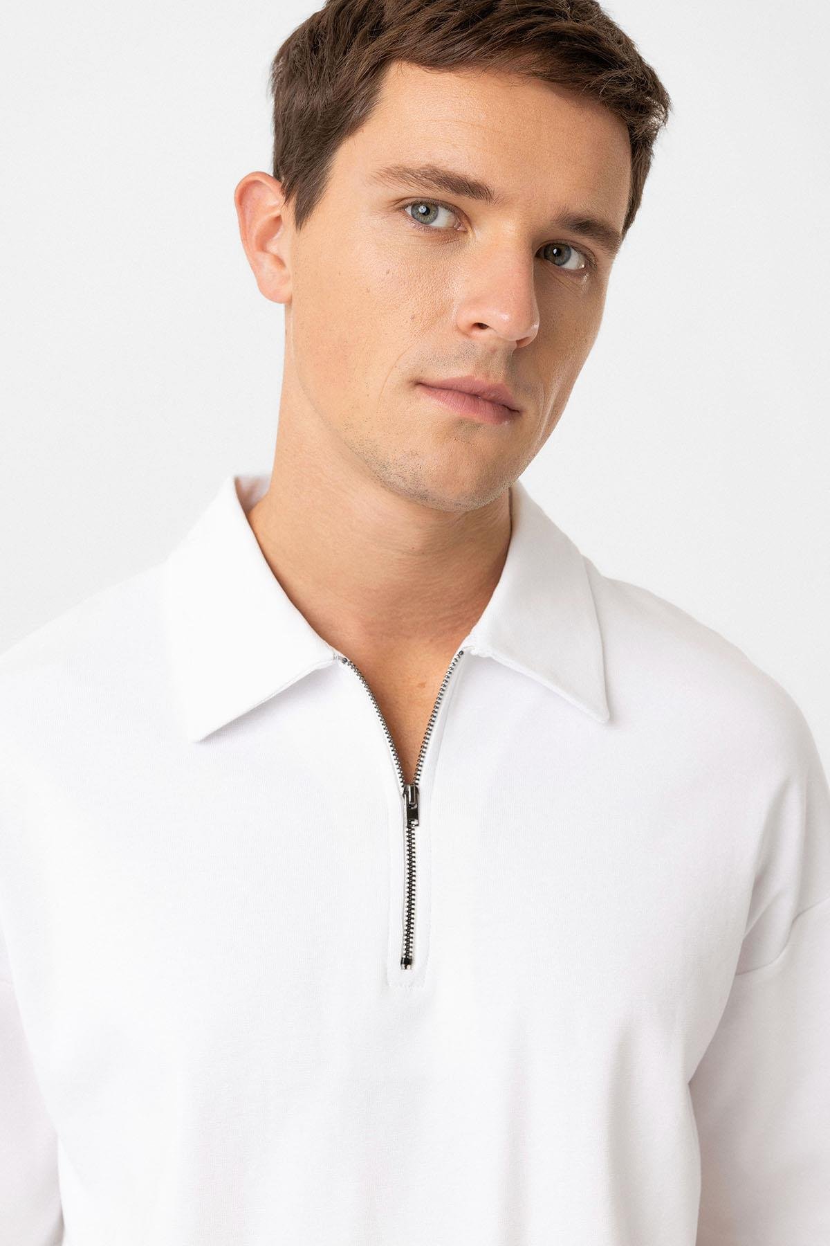 Antioch Beyaz Oversize Polo Yaka Fermuarlı Erkek T-Shirt