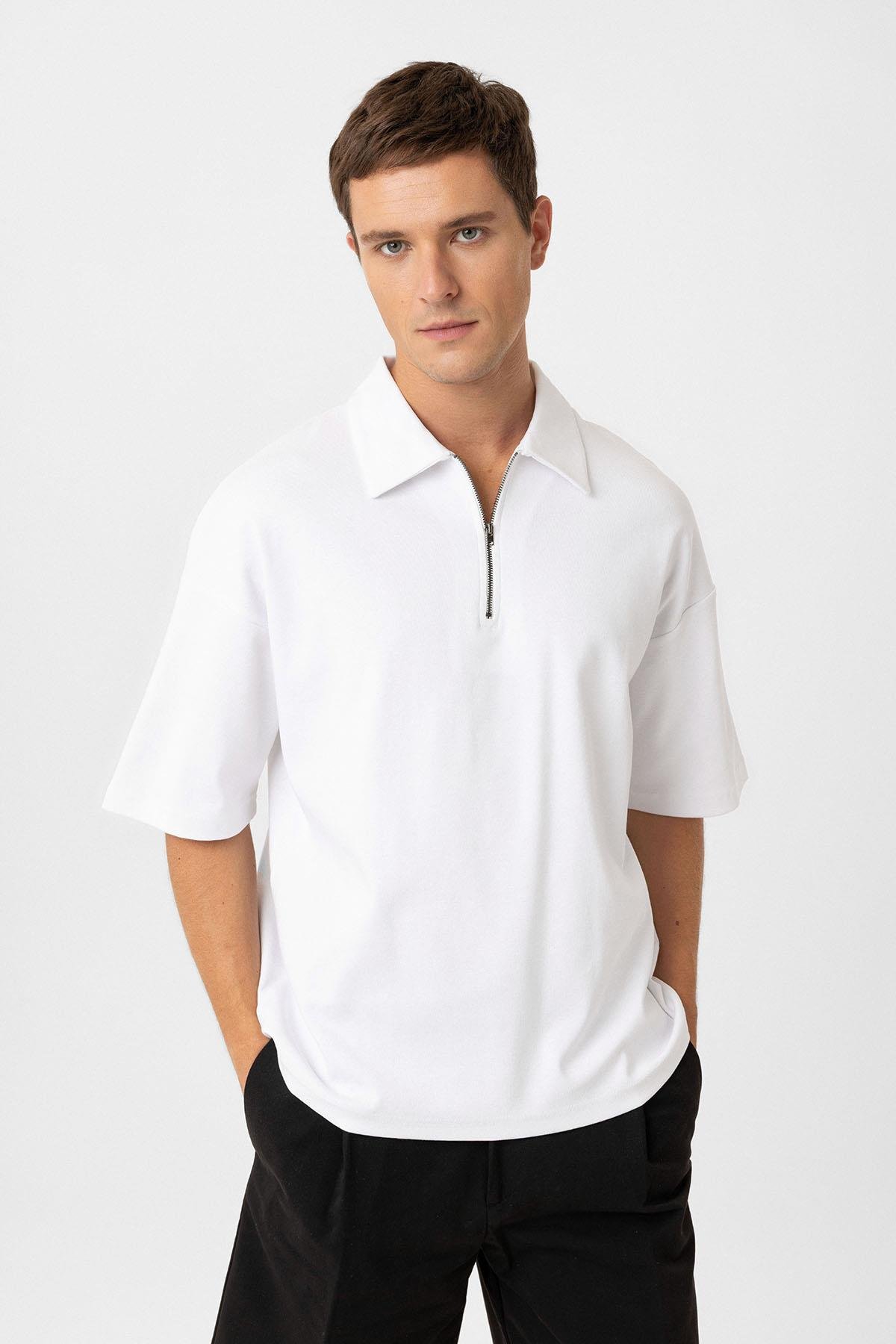 Antioch Beyaz Oversize Polo Yaka Fermuarlı Erkek T-Shirt