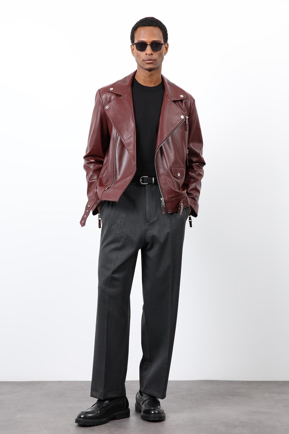 Antioch Bordo 100% Deri Biker Ceket