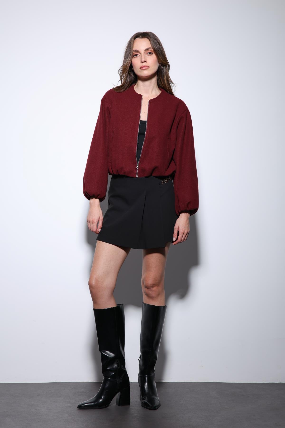 Antioch Bordo Bel Lastikli Crop Kadın Mont