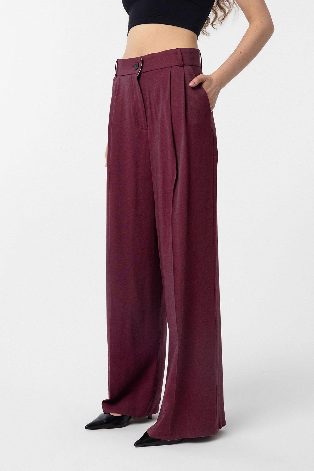 Antioch Bordo Çift Pilili Kadın Pantolon