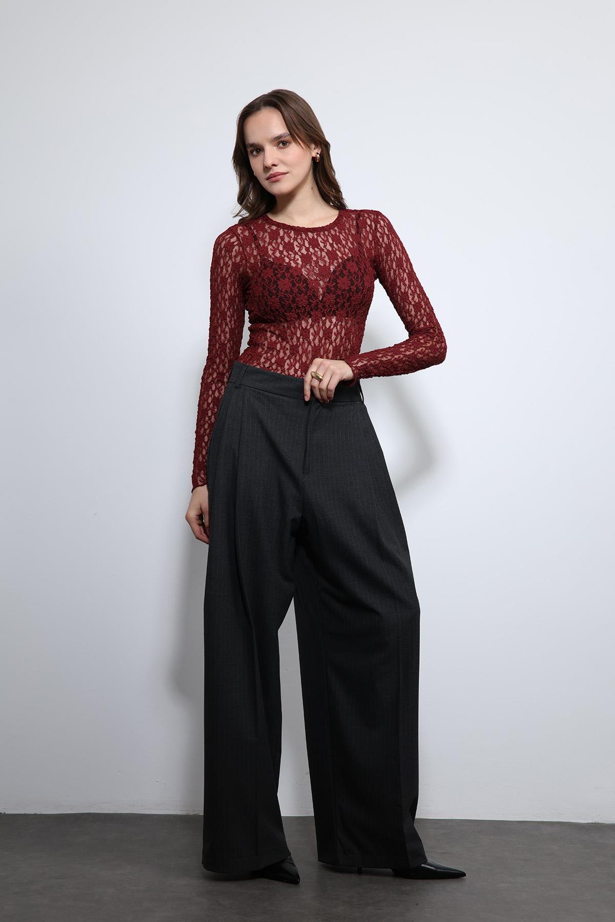 Antioch Bordo Dantel Detaylı Transparan Bluz