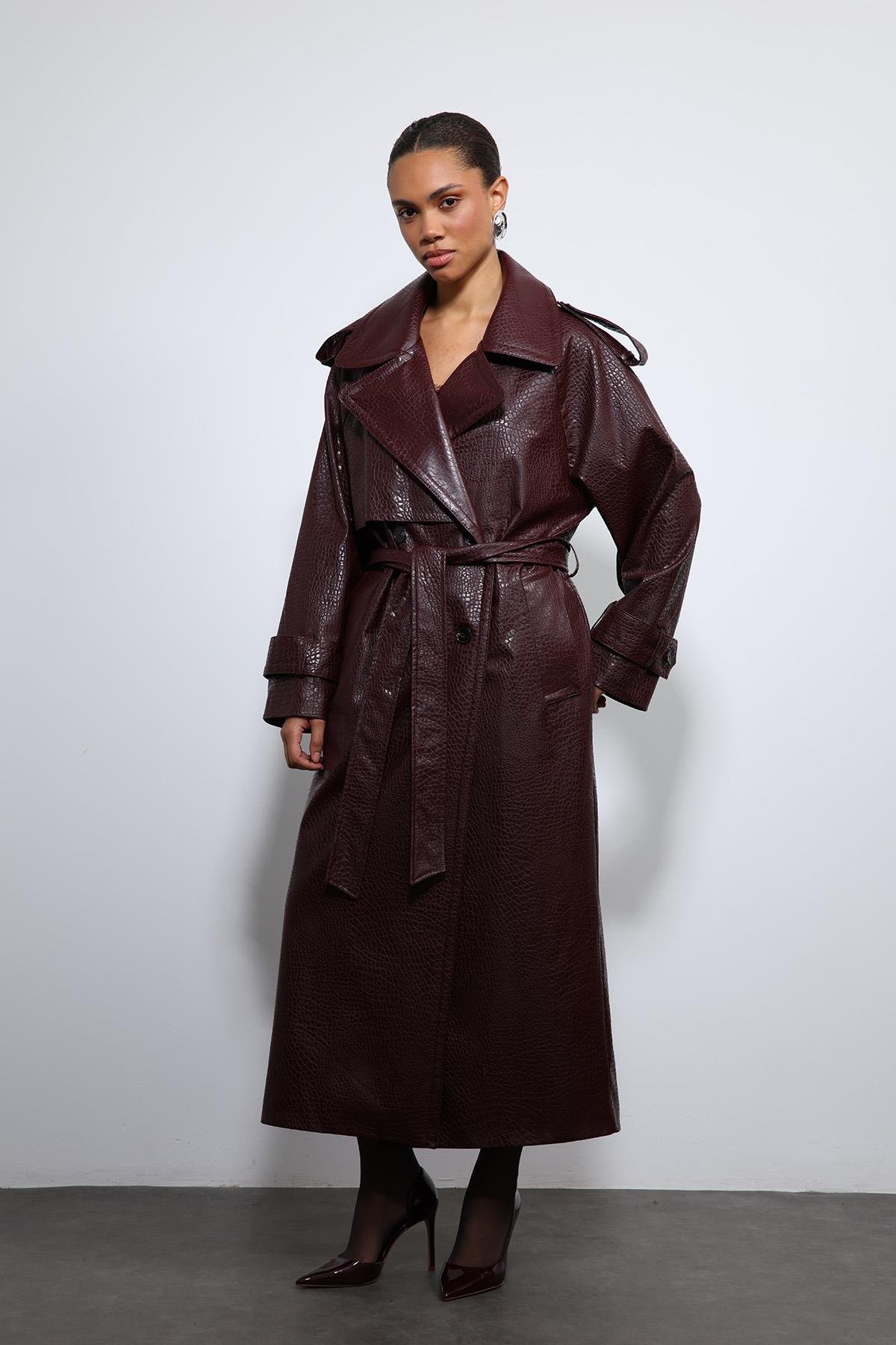 Antioch Bordo Dokulu Suni Deri Trençkot