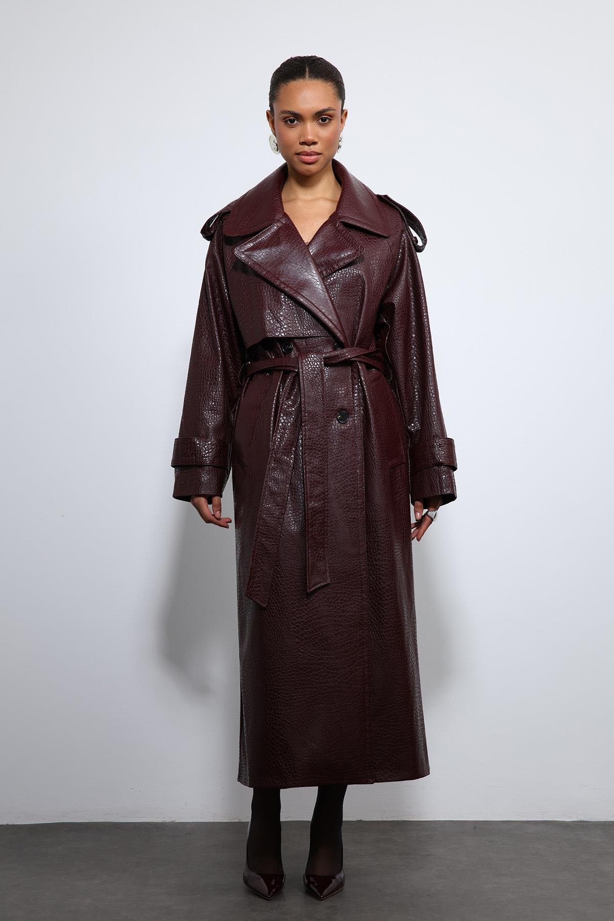 Antioch Bordo Dokulu Suni Deri Trençkot