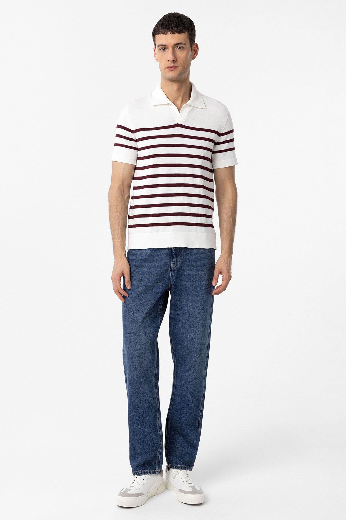 Antioch Bordo-Ekru Polo Yaka Çizgili Erkek Triko T-Shirt