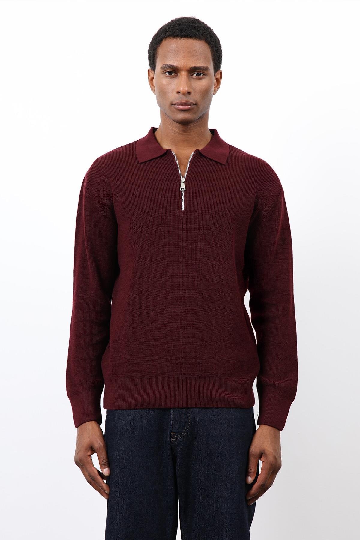 Antioch Bordo Fermuarlı Erkek Triko Kazak