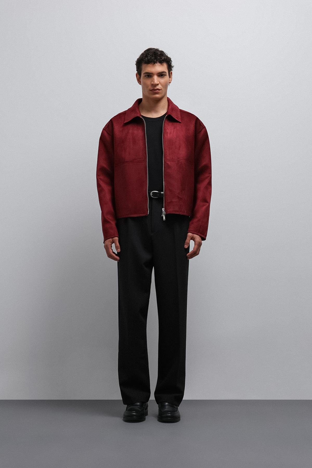 Antioch Bordo Fermuarlı Suni Süet Erkek Mont