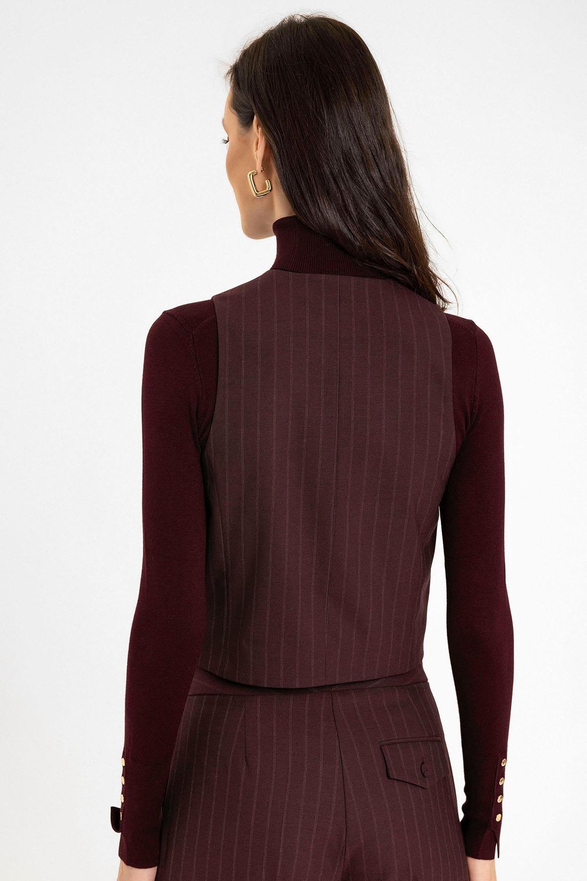 Antioch Bordo Kadın Çizgili Düğme Kapama Yelek