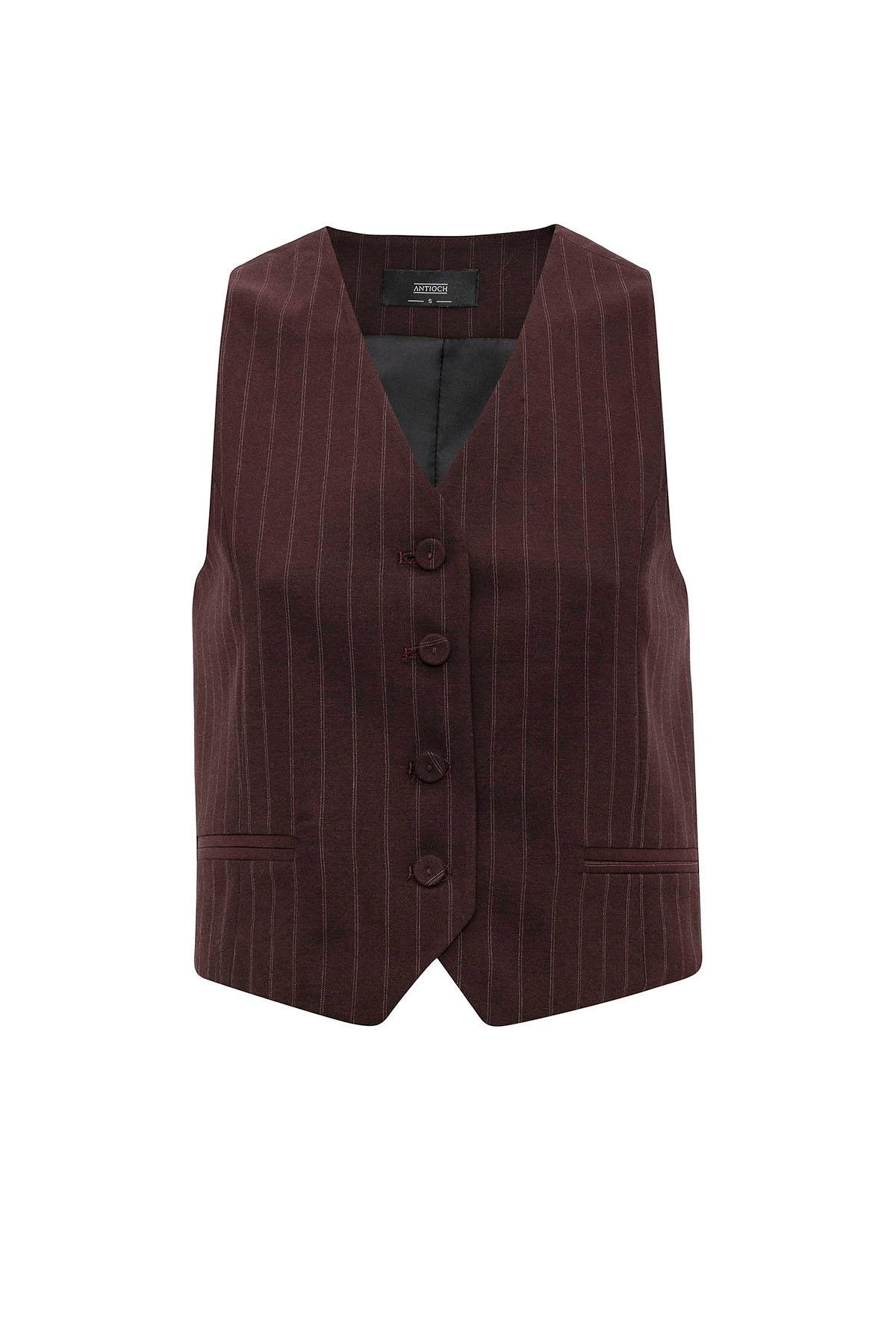 Antioch Bordo Kadın Çizgili Düğme Kapama Yelek