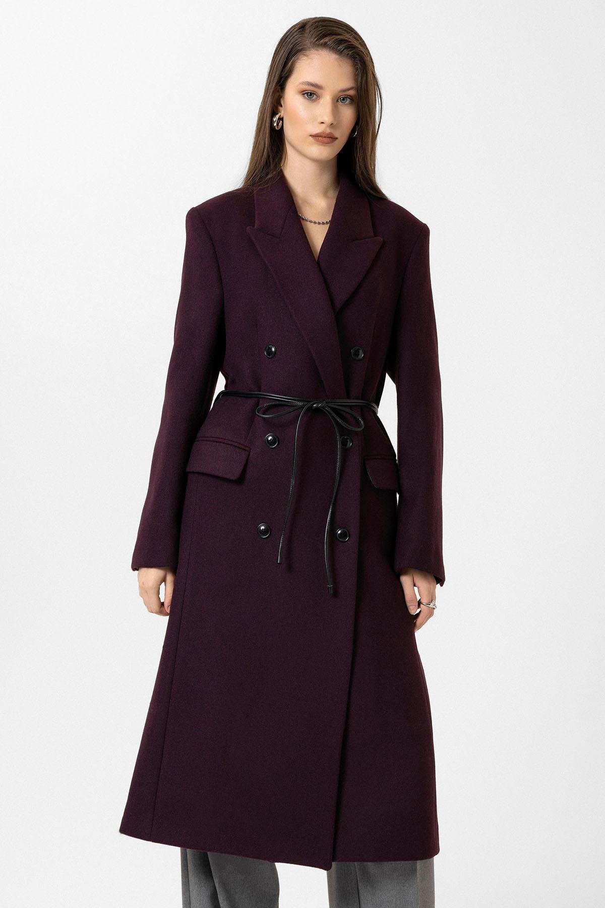 Antioch Bordo Kadın Kemerli Kruvaze Kaban