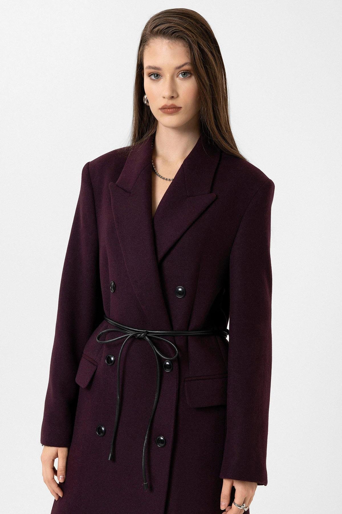 Antioch Bordo Kadın Kemerli Kruvaze Kaban