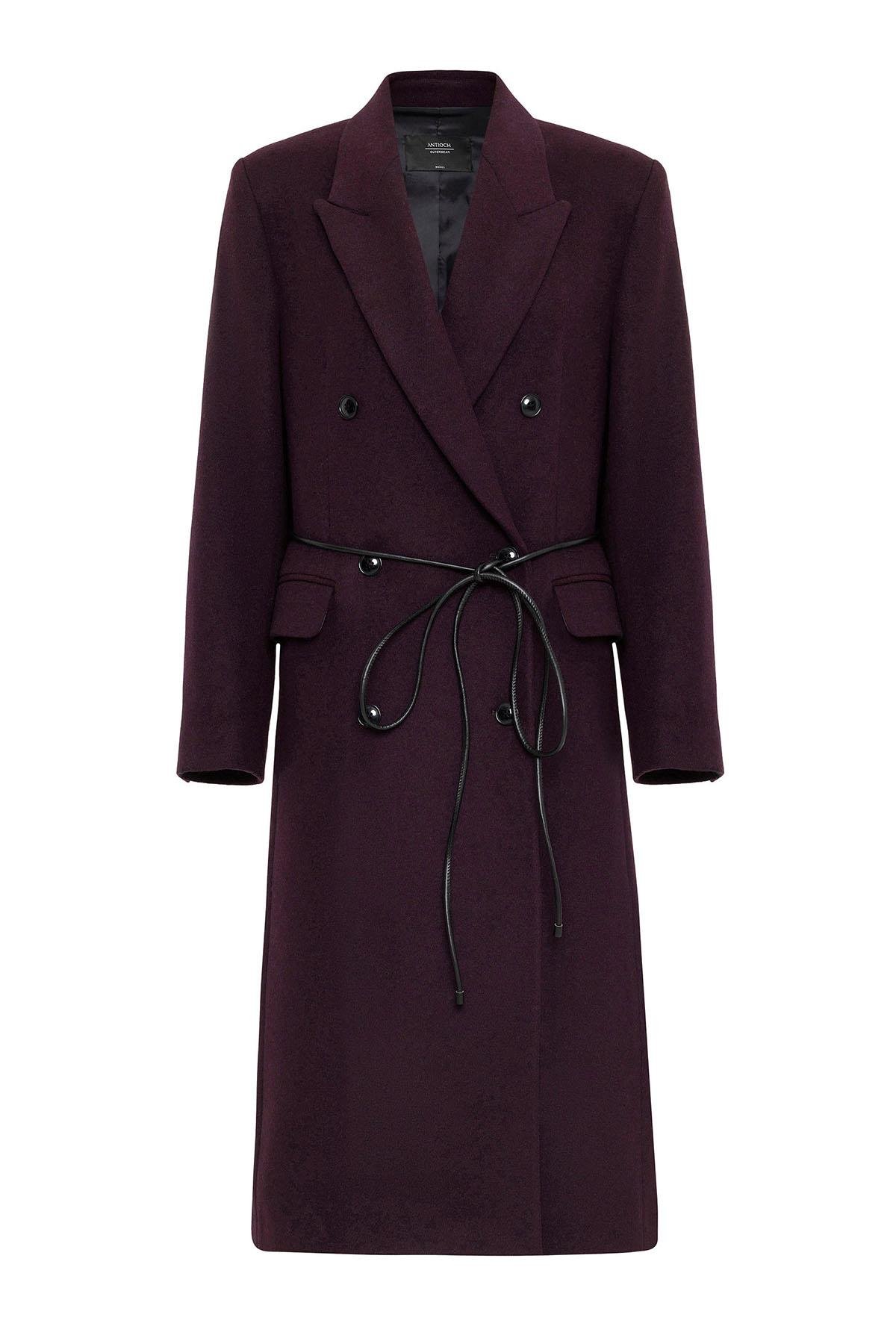 Antioch Bordo Kadın Kemerli Kruvaze Kaban