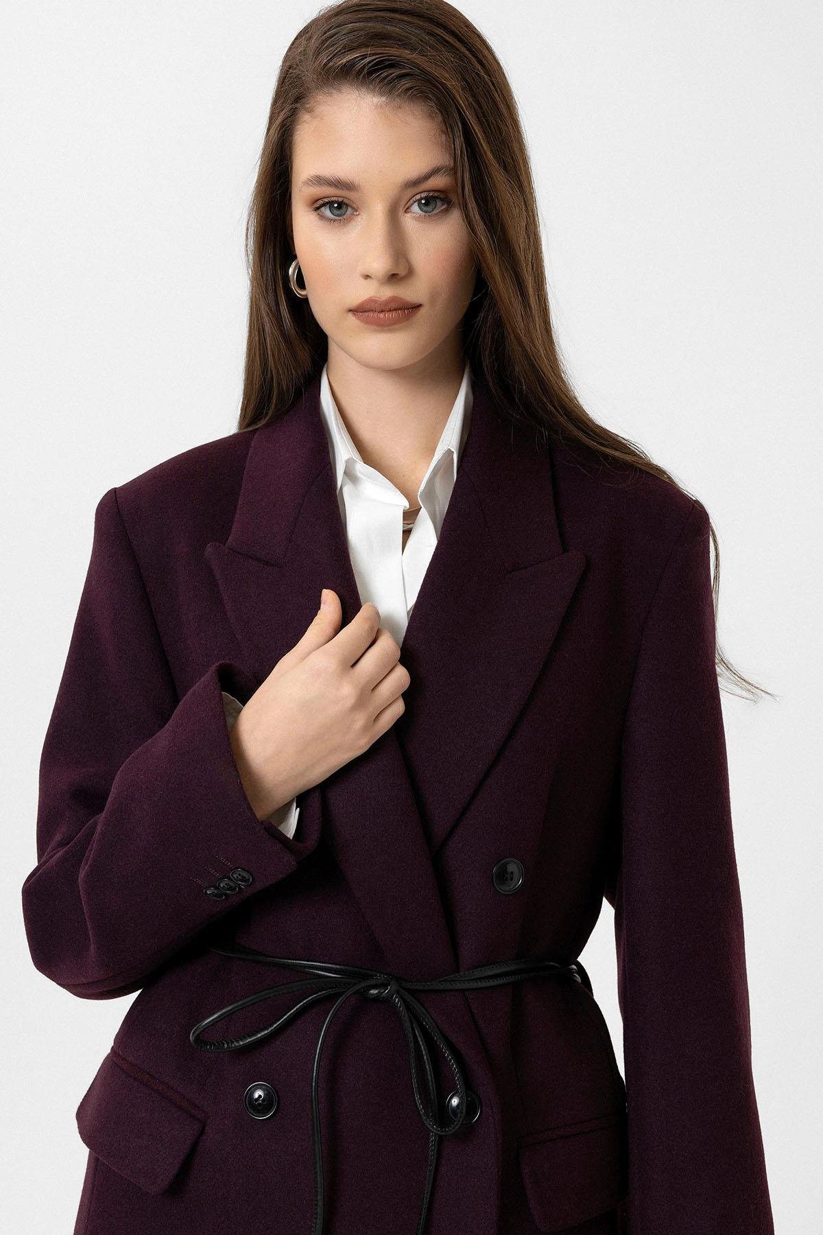 Antioch Bordo Kadın Kemerli Kruvaze Kaban