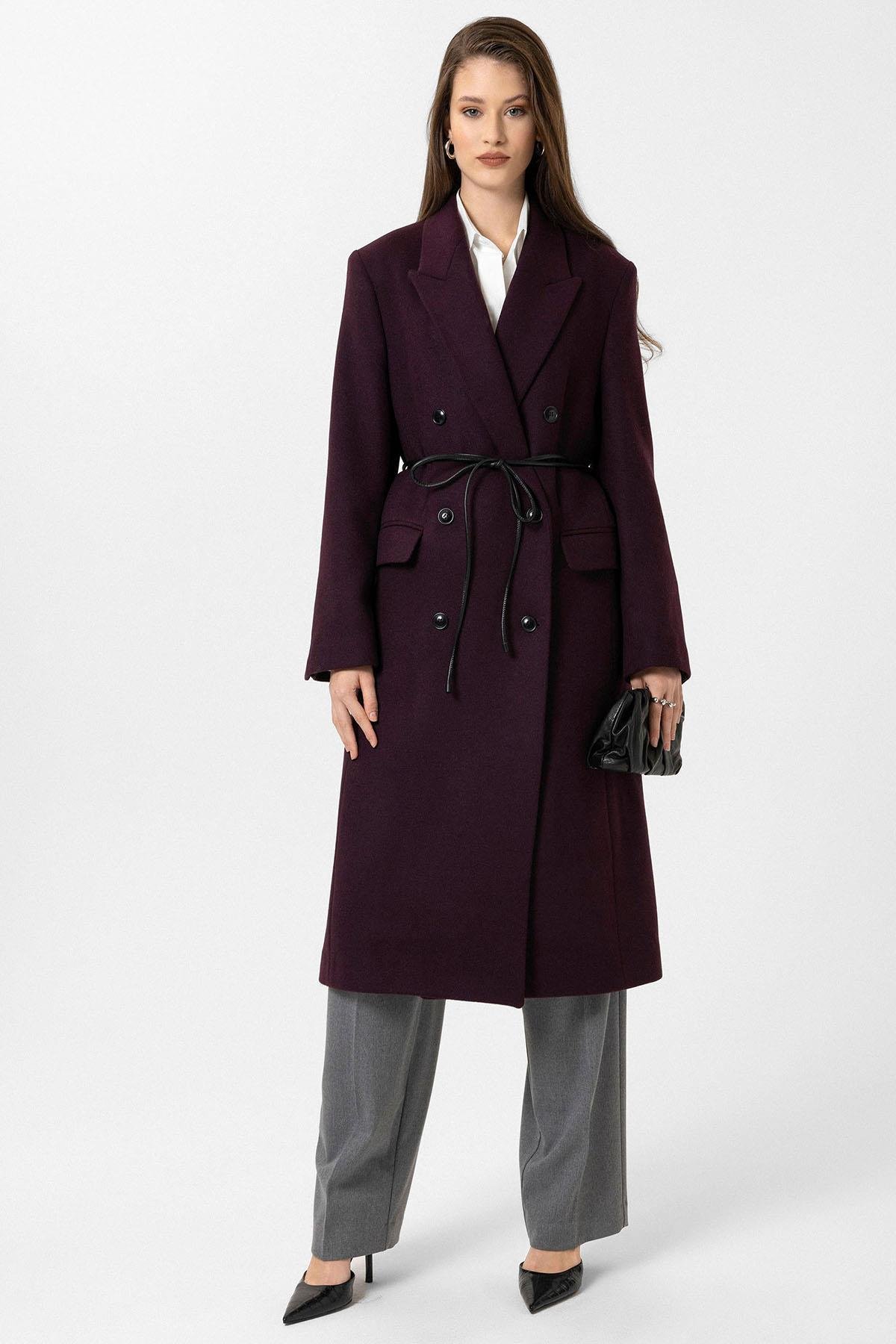 Antioch Bordo Kadın Kemerli Kruvaze Kaban