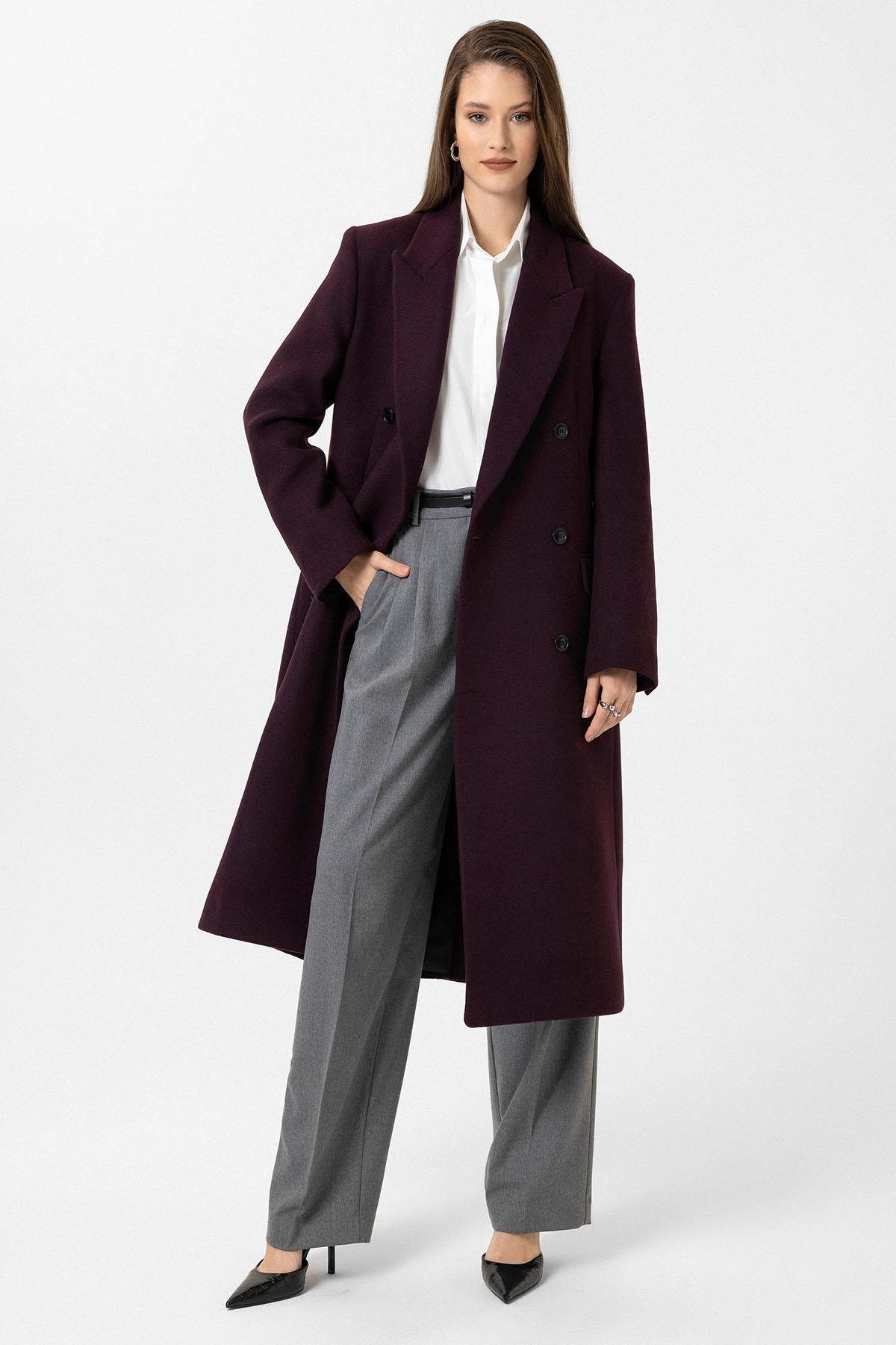 Antioch Bordo Kadın Kemerli Kruvaze Kaban