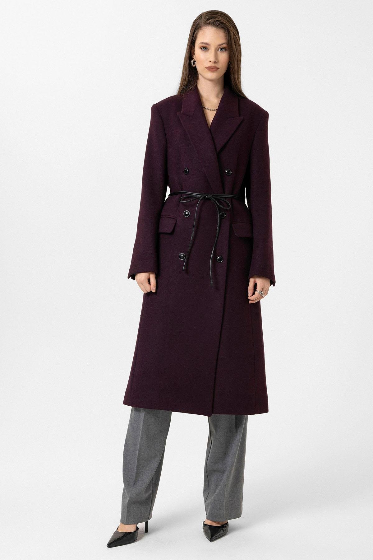 Antioch Bordo Kadın Kemerli Kruvaze Kaban