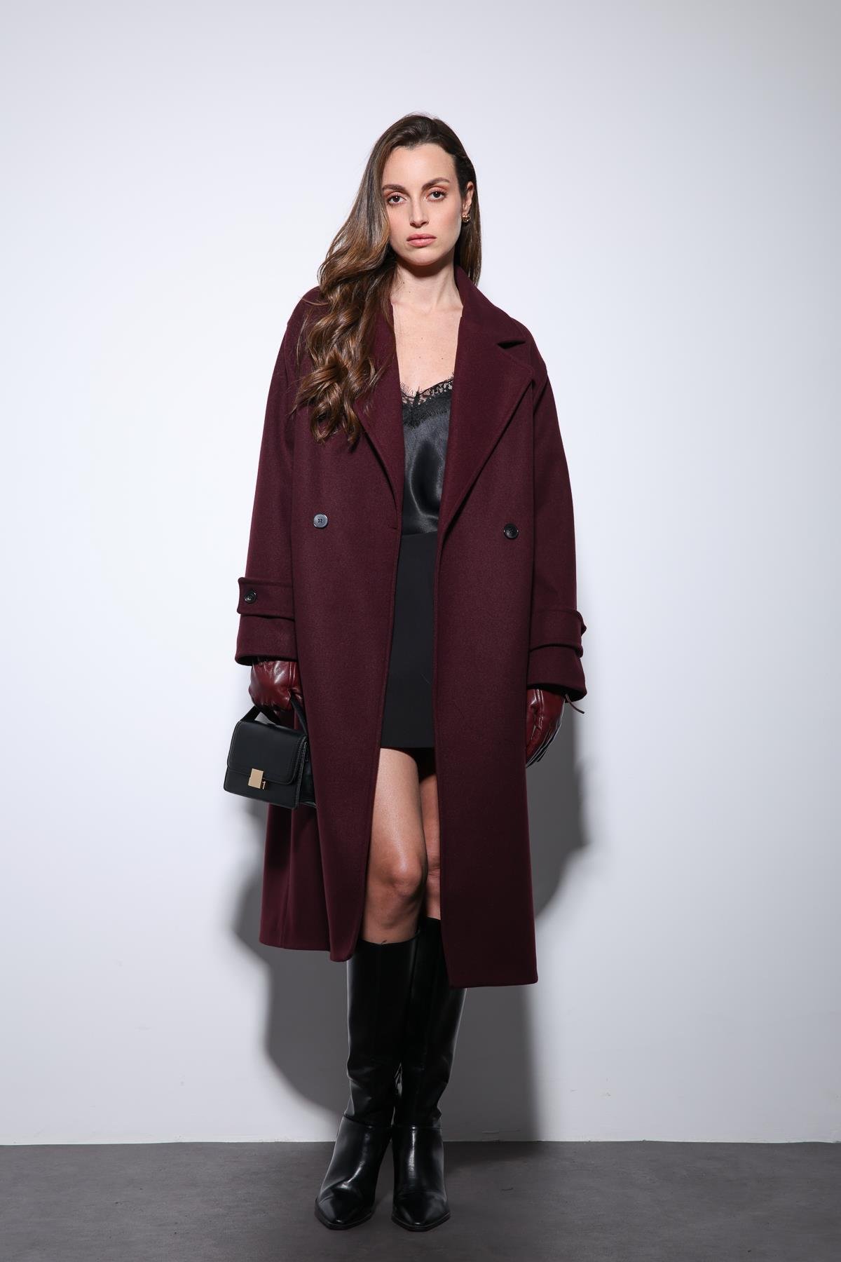 Antioch Bordo Kadın Yumuşak Dokulu Oversize Kruvaze Kaban